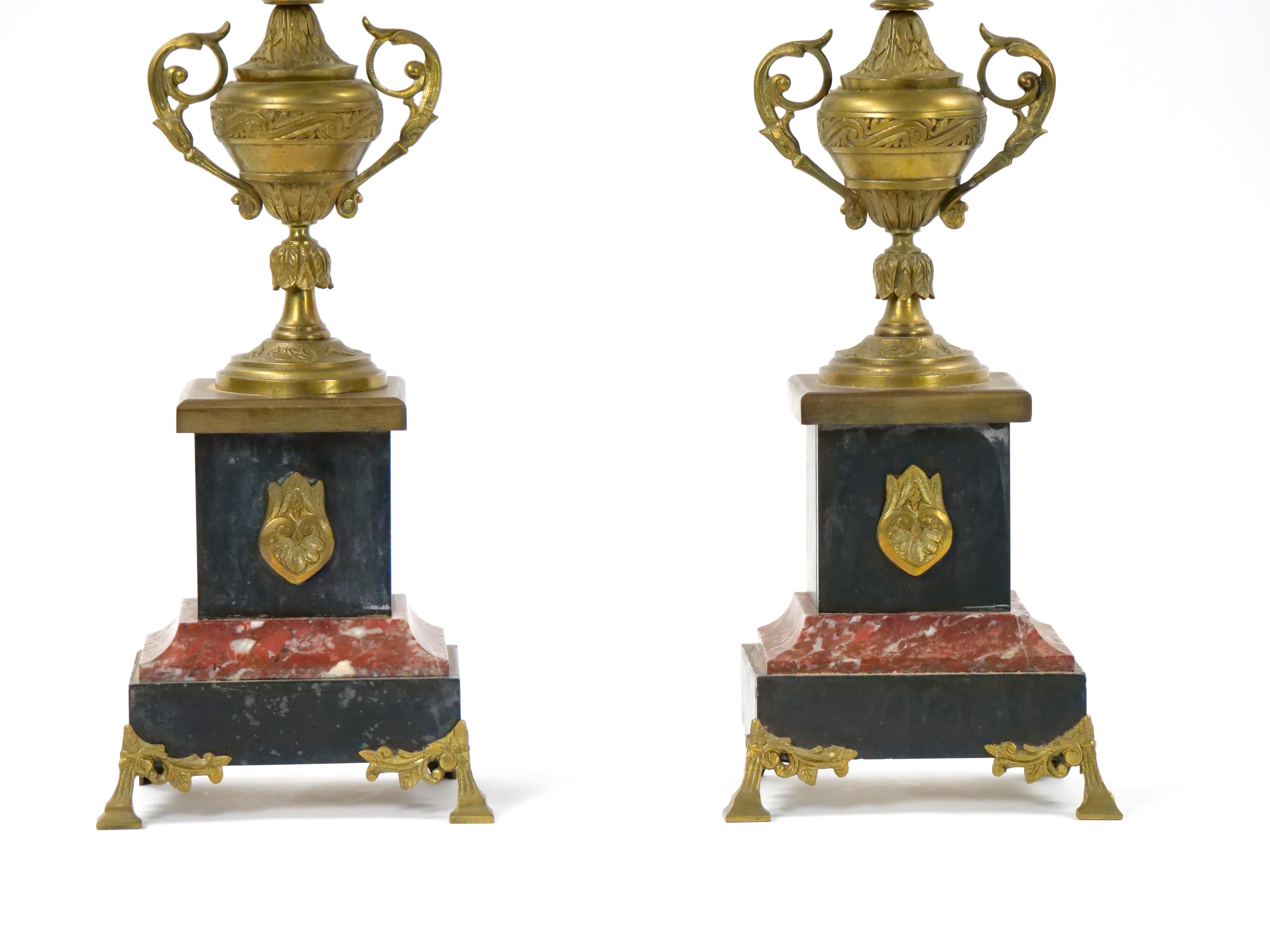 19th Century Gilt Bronze-Mounted Slate & rouge Marble Five Arm Candelabra In Good Condition For Sale In Tarry Town, NY