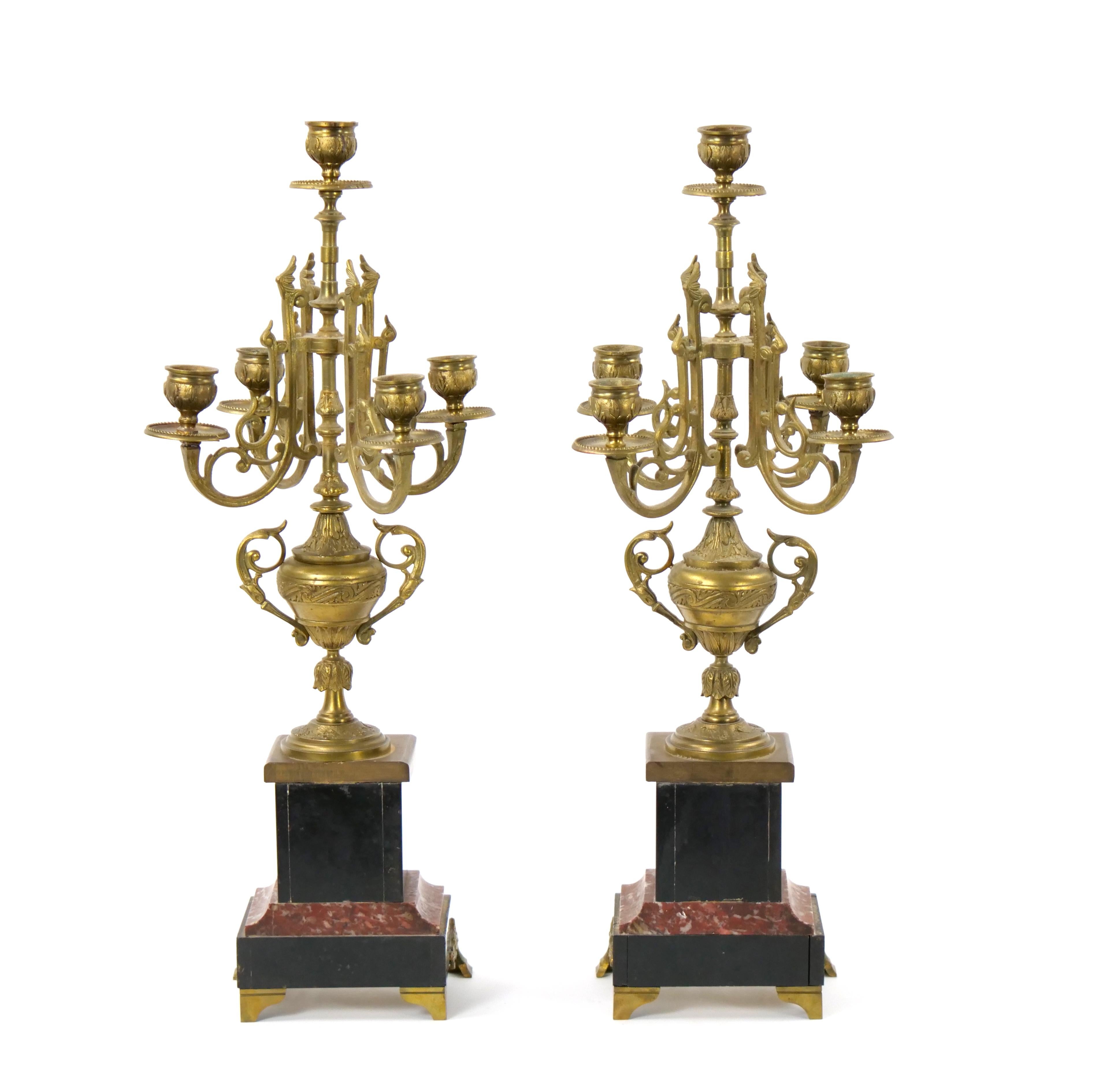 19th Century Gilt Bronze-Mounted Slate & rouge Marble Five Arm Candelabra For Sale 4