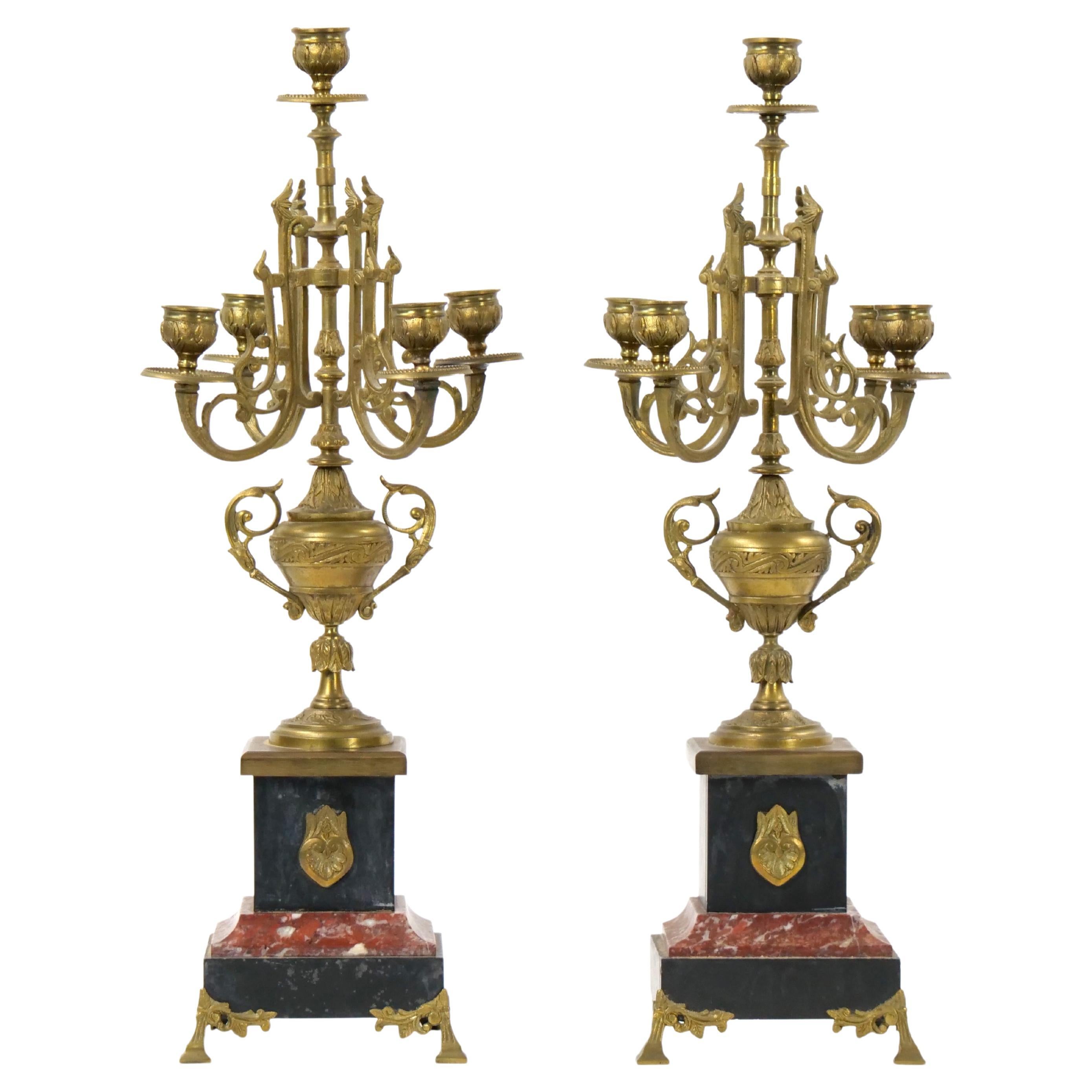 19th Century Gilt Bronze-Mounted Slate & rouge Marble Five Arm Candelabra