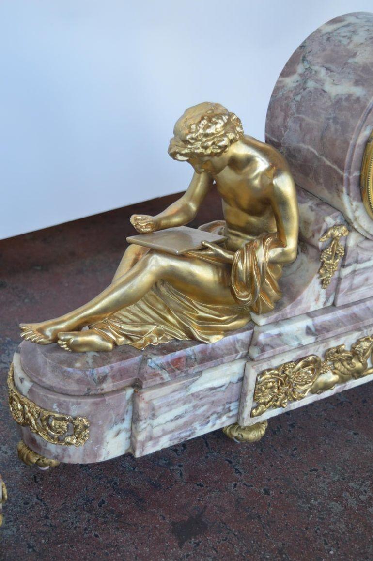19th Century Gilt Bronze Ormolu and Marble Clock Set For Sale 6