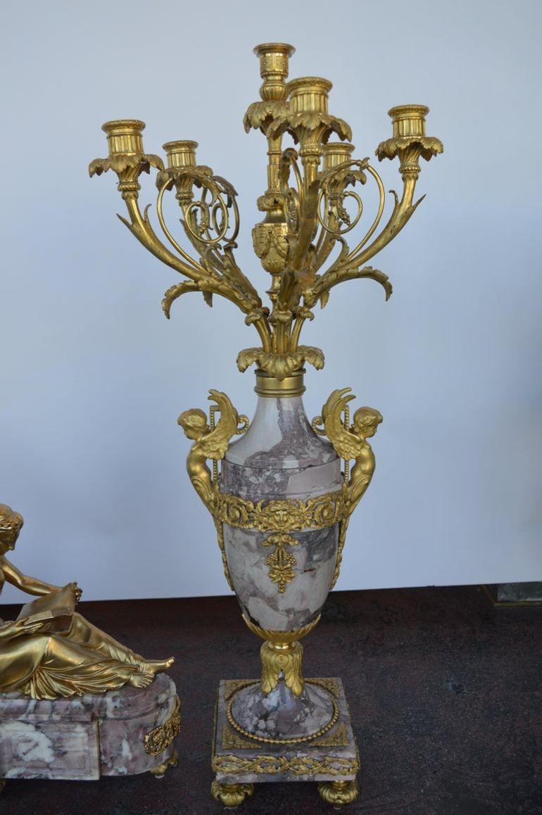 19th Century Gilt Bronze Ormolu and Marble Clock Set For Sale 1