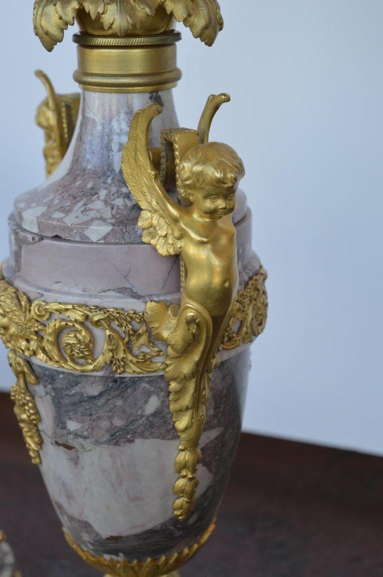 19th Century Gilt Bronze Ormolu and Marble Clock Set For Sale 3