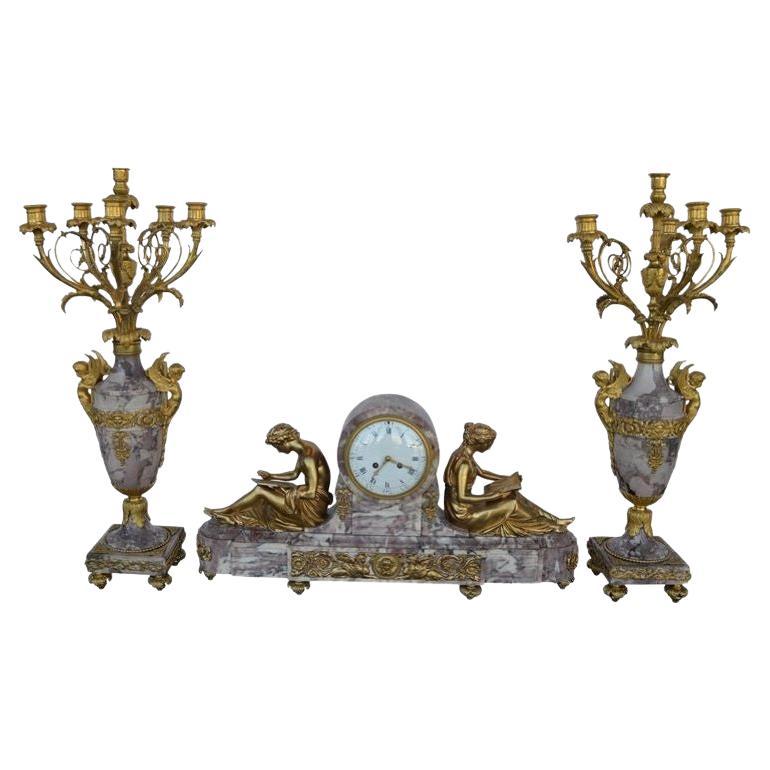 19th Century Gilt Bronze Ormolu and Marble Clock Set