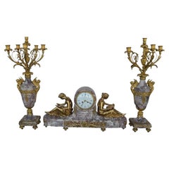 19th Century Gilt Bronze Ormolu and Marble Clock Set