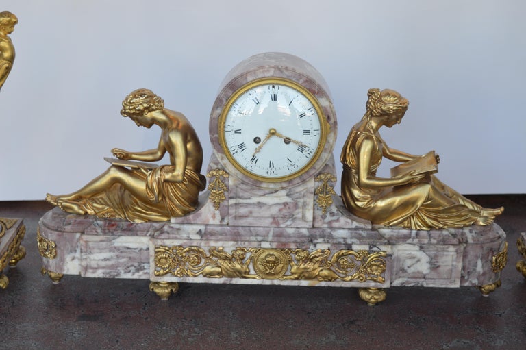 19th Century Gilt Bronze Ormolu and Marble Clock Set For Sale at 1stDibs