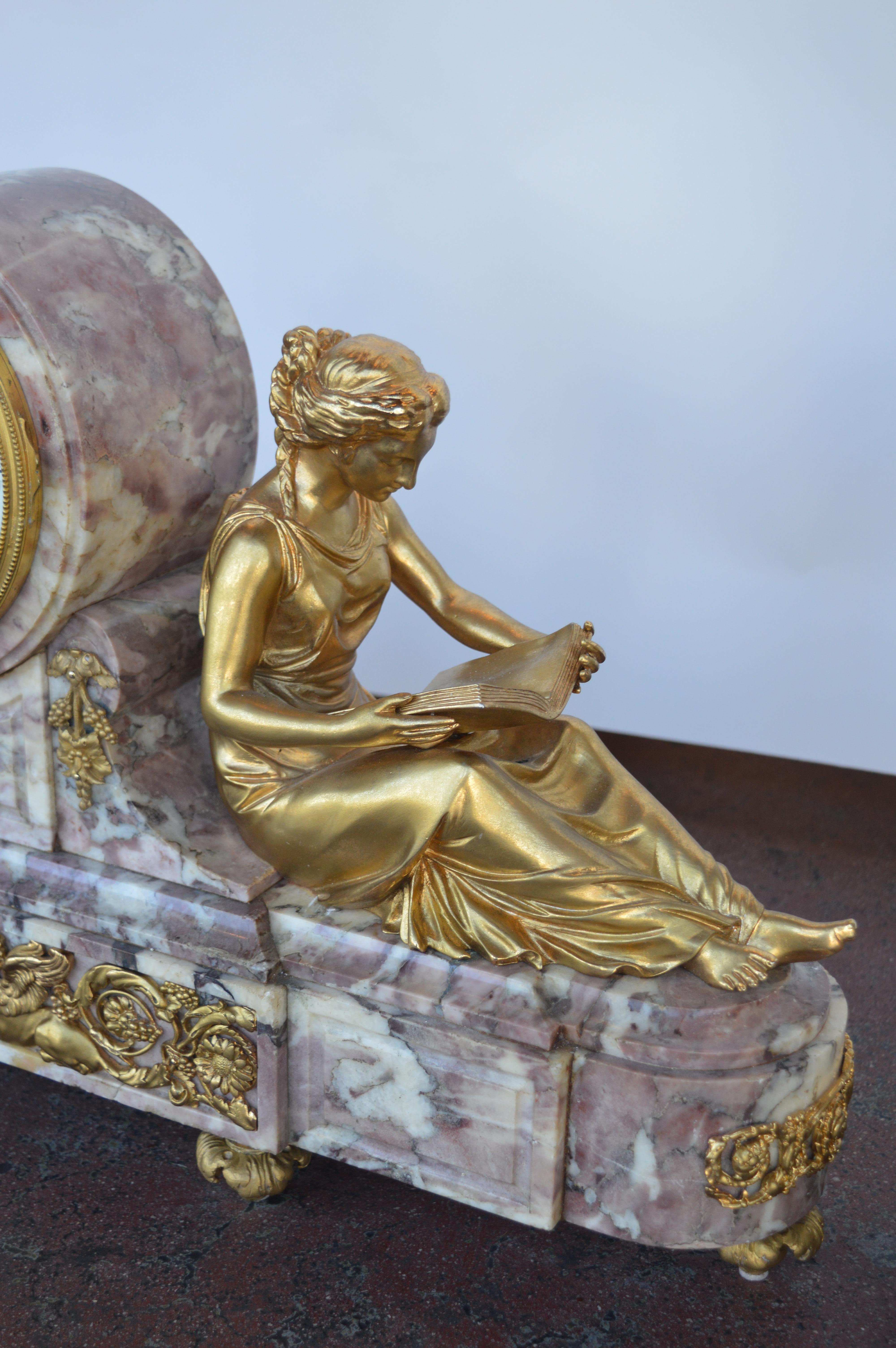 19th Century Gilt Bronze Ormolu and Marble Clock Set In Good Condition For Sale In Los Angeles, CA