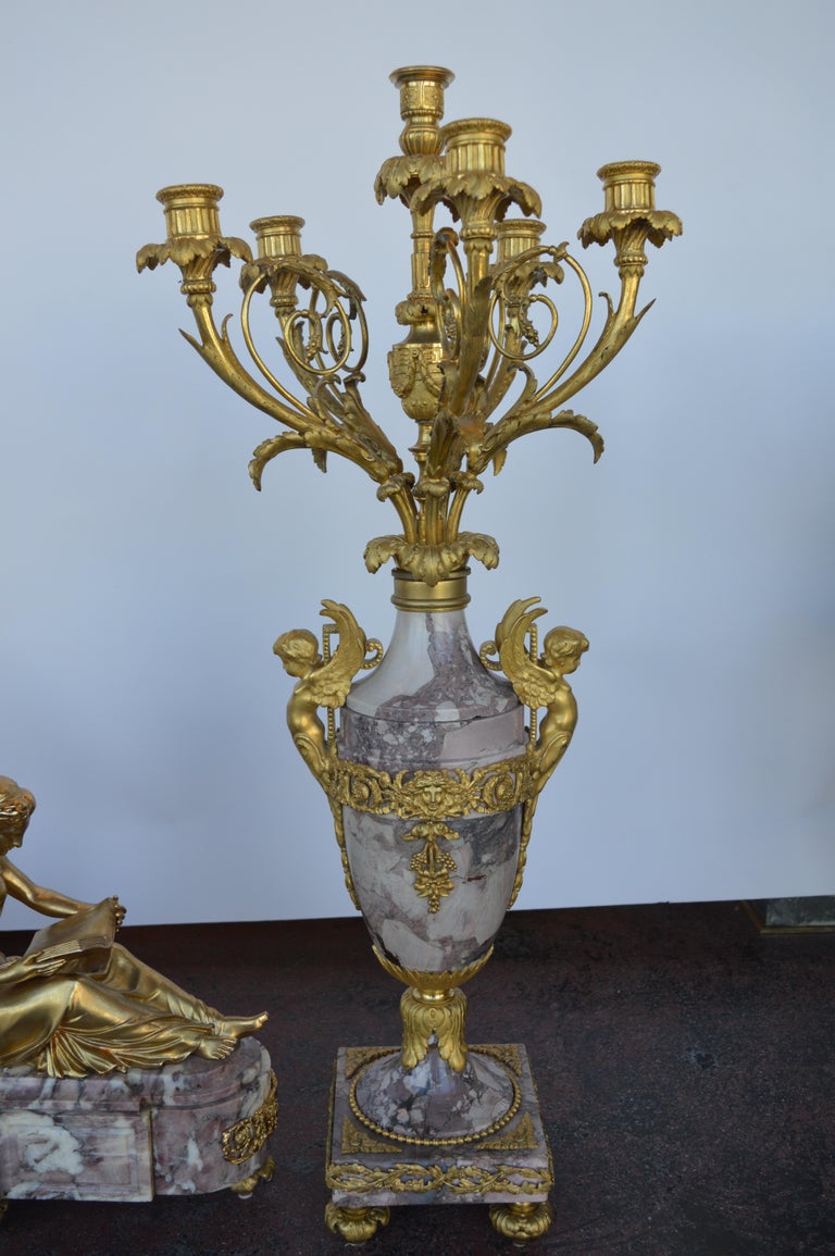 19th Century Gilt Bronze Ormolu and Marble Clock Set For Sale at 1stDibs