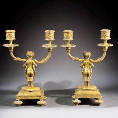 19th Century Gilt Bronze Putti Candlesticks, Pair,  9.6 in