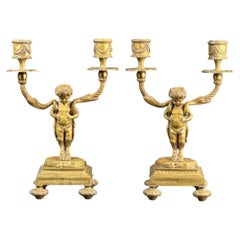 19th Century Gilt Bronze Putti Candlesticks, Pair,  9.6 in