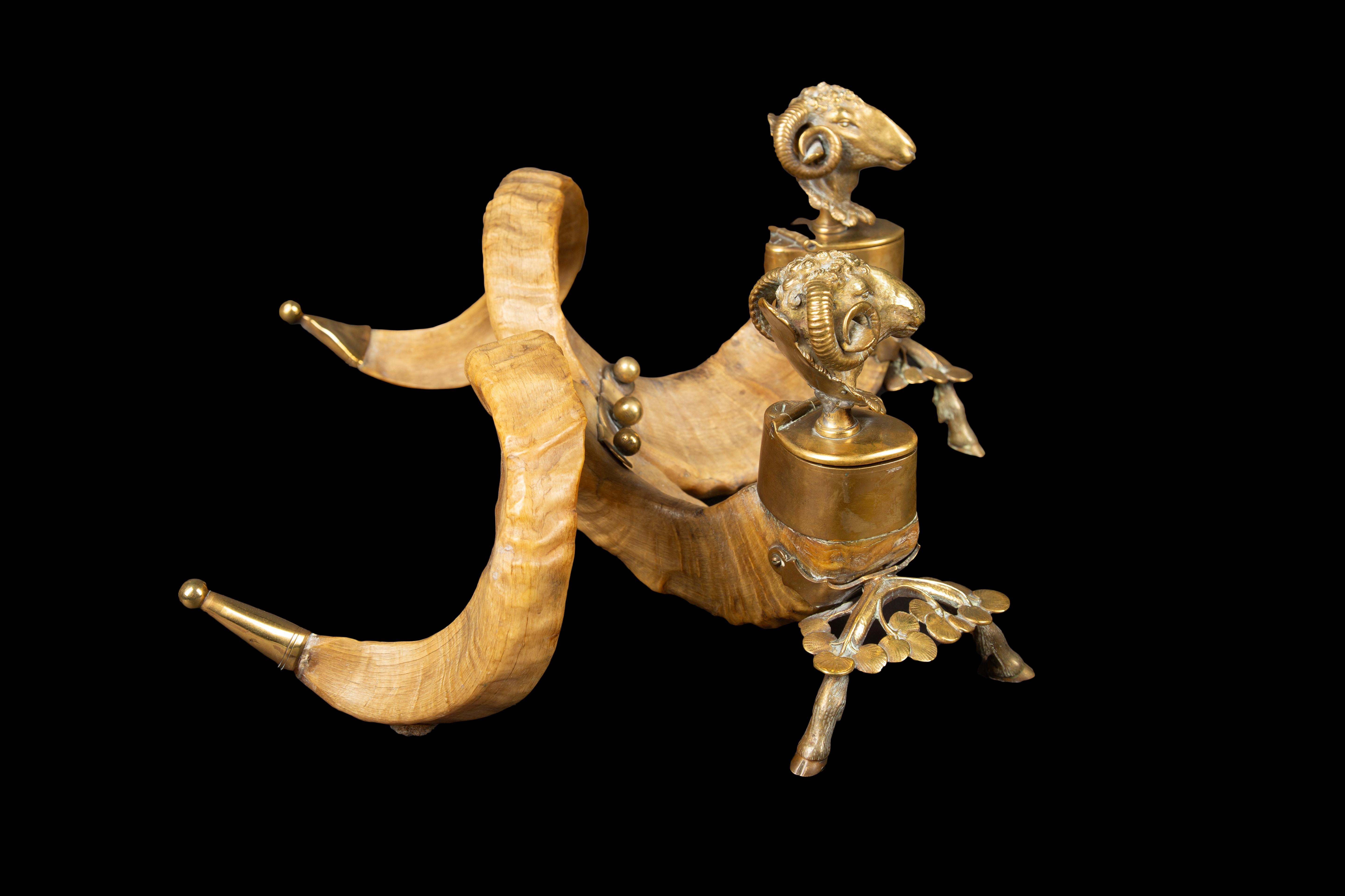 19th Century Gilt Bronze Ram Head/Horn Inkwell  1