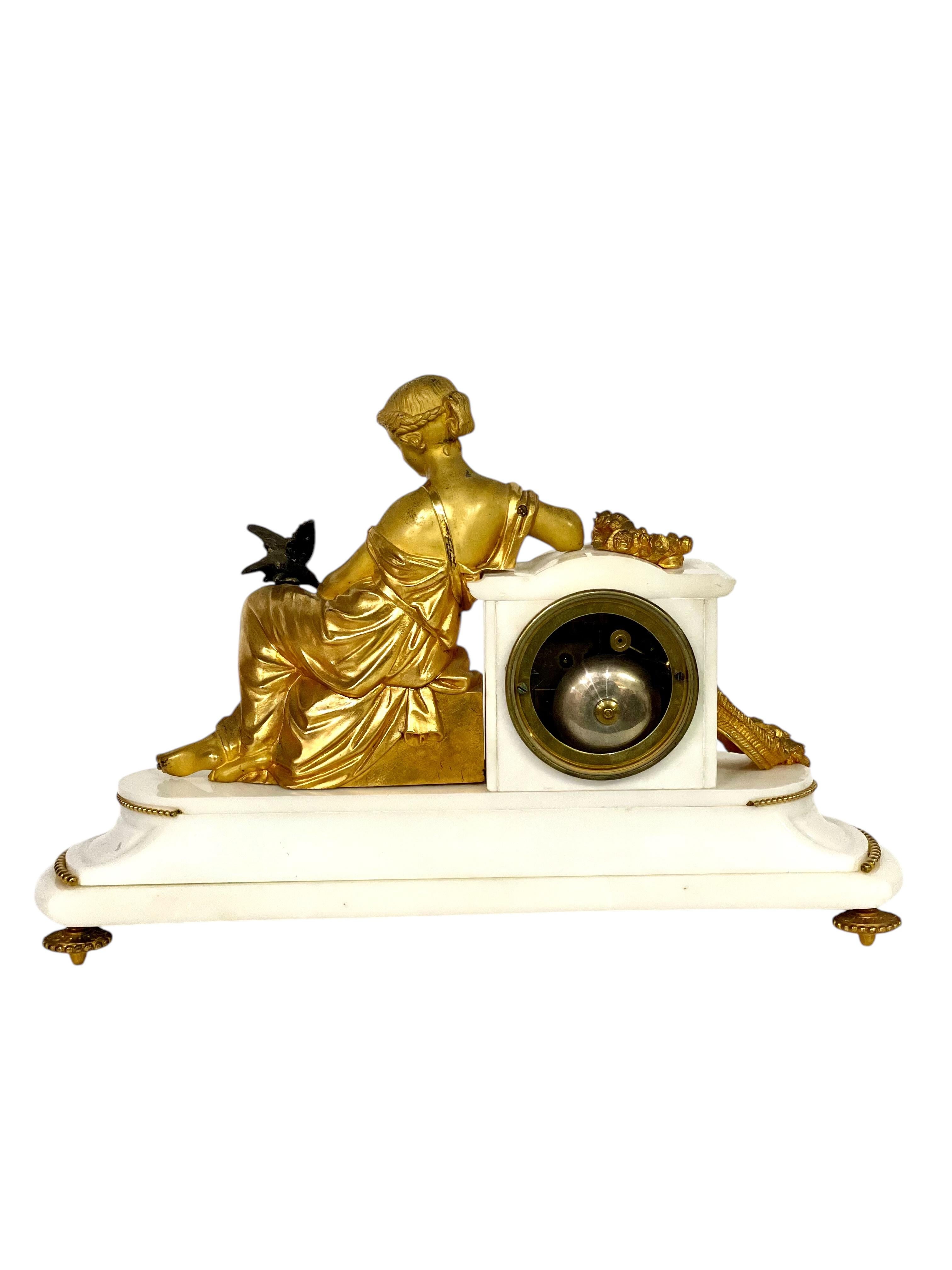 19th Century Gilt Bronze Sculpture and Marble Mantel Clock For Sale 8
