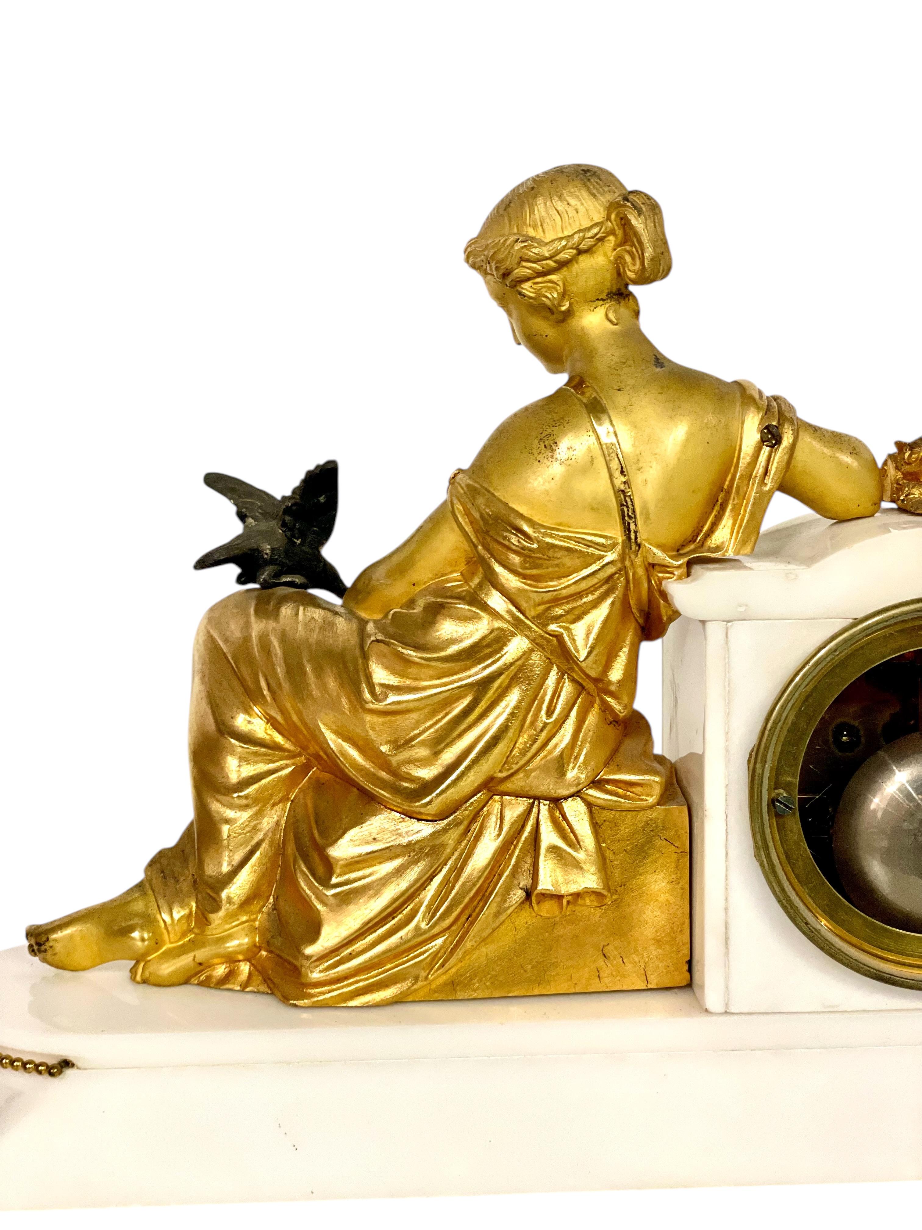 19th Century Gilt Bronze Sculpture and Marble Mantel Clock For Sale 9