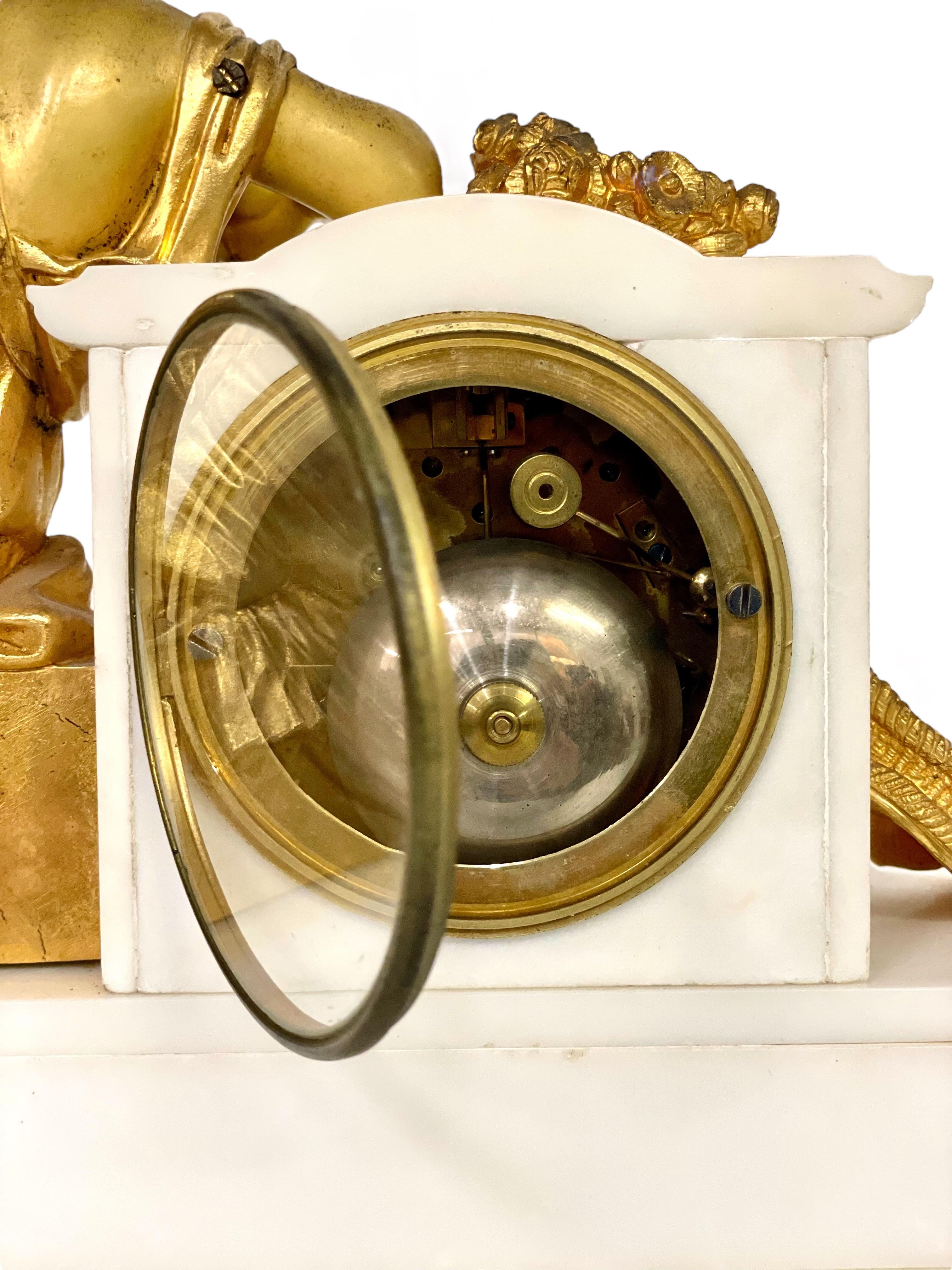 19th Century Gilt Bronze Sculpture and Marble Mantel Clock For Sale 11