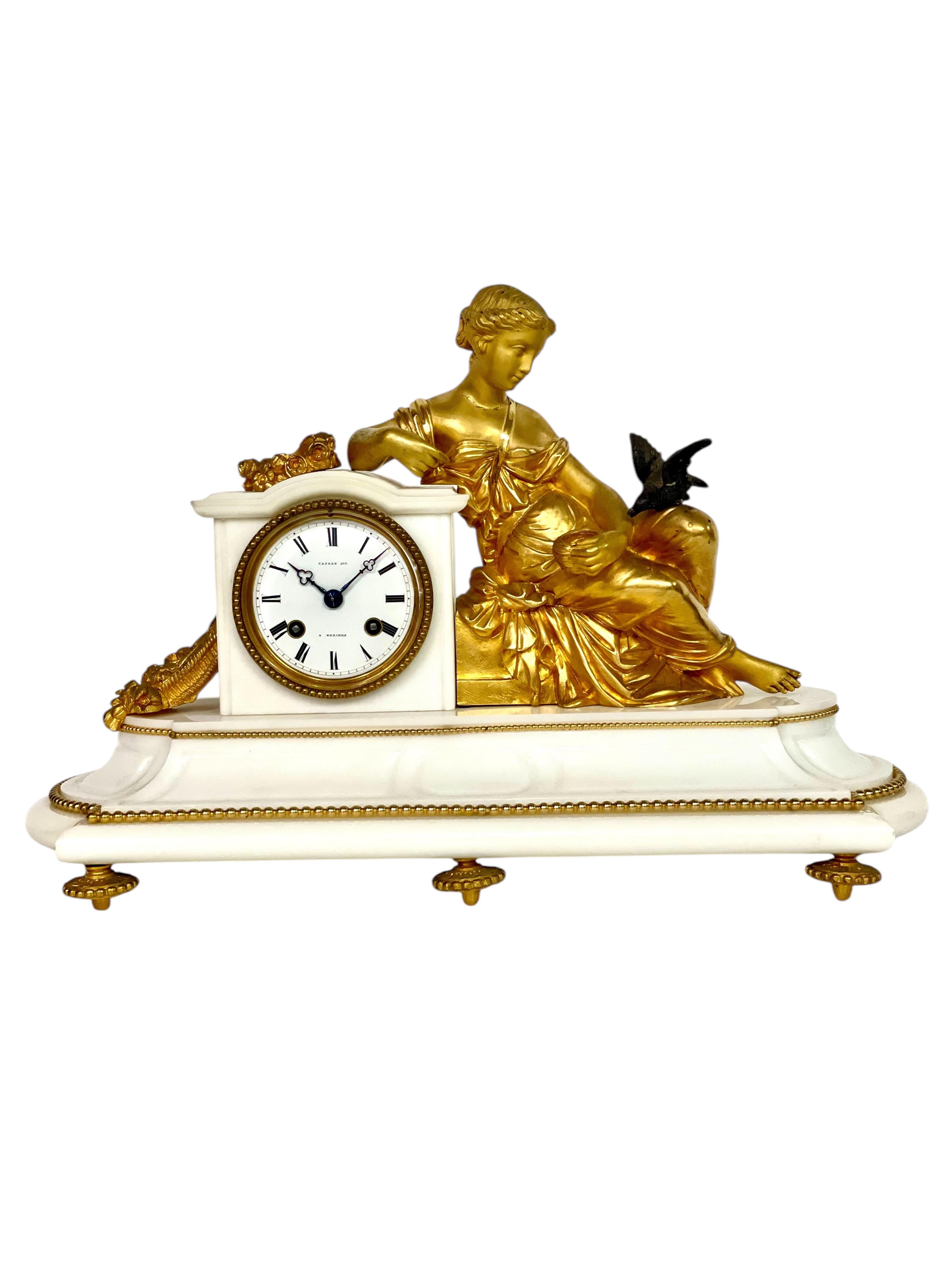19th Century Gilt Bronze Sculpture and Marble Mantel Clock For Sale 13