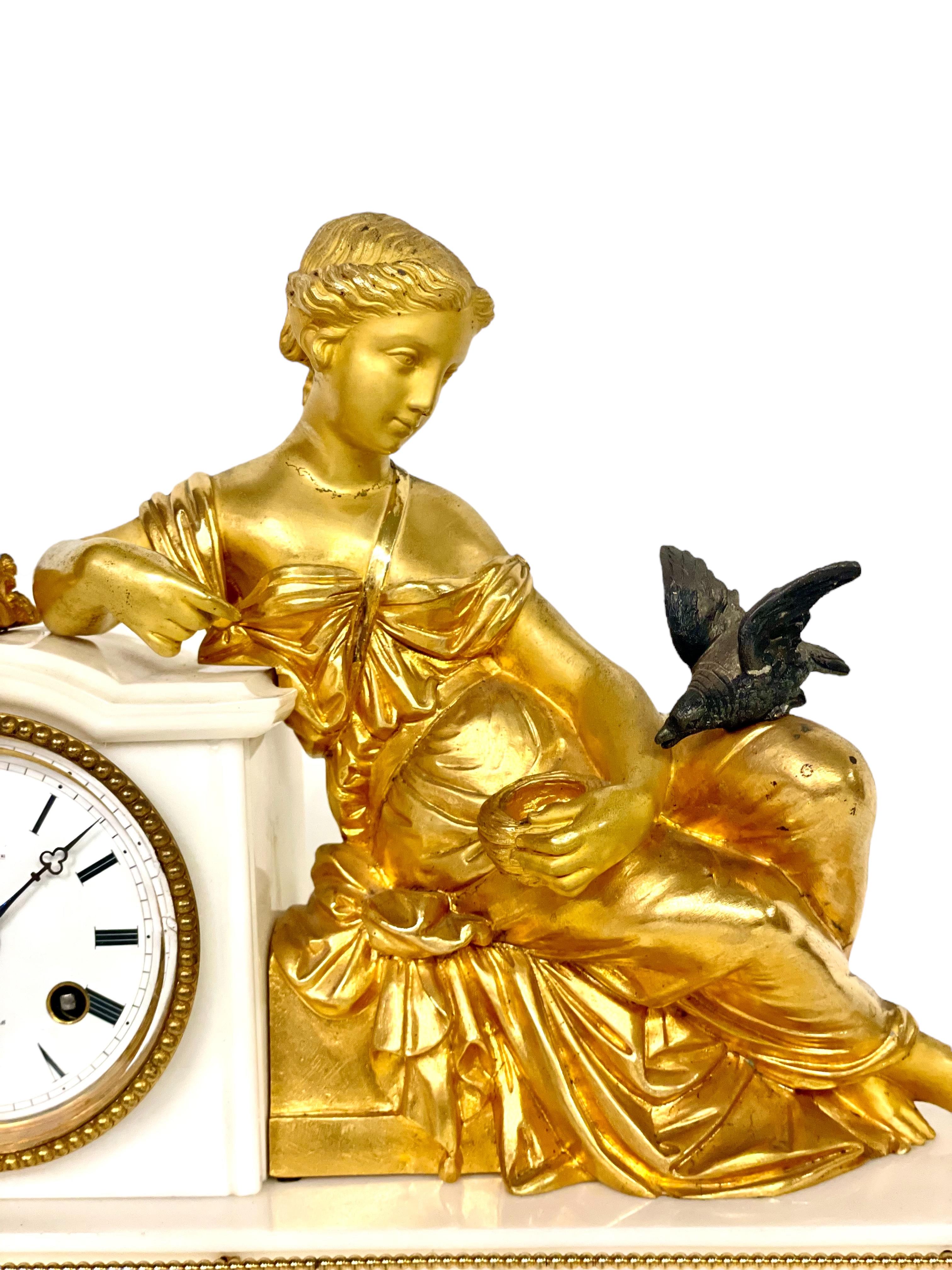 French 19th Century Gilt Bronze Sculpture and Marble Mantel Clock For Sale