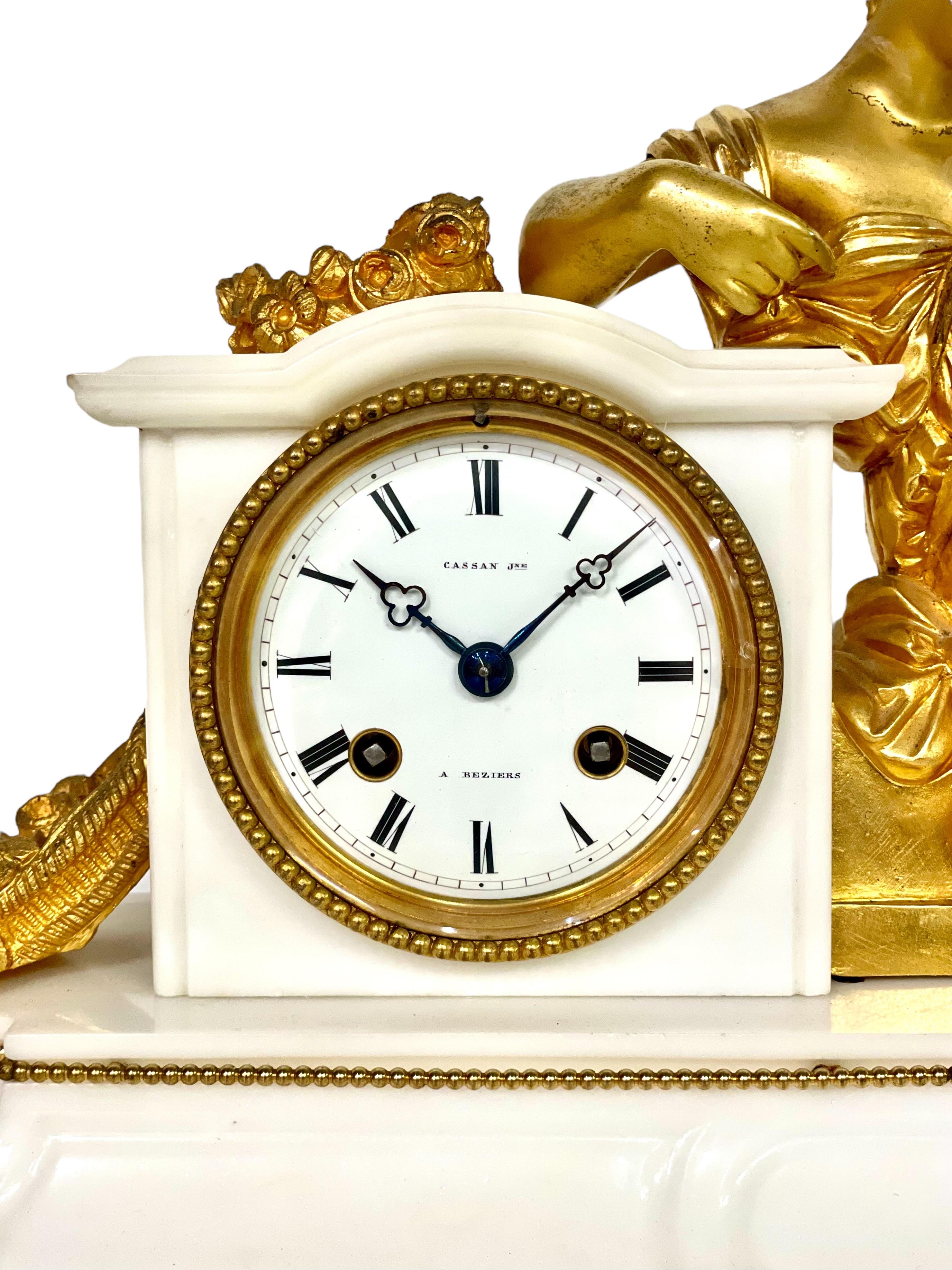 19th Century Gilt Bronze Sculpture and Marble Mantel Clock For Sale 1