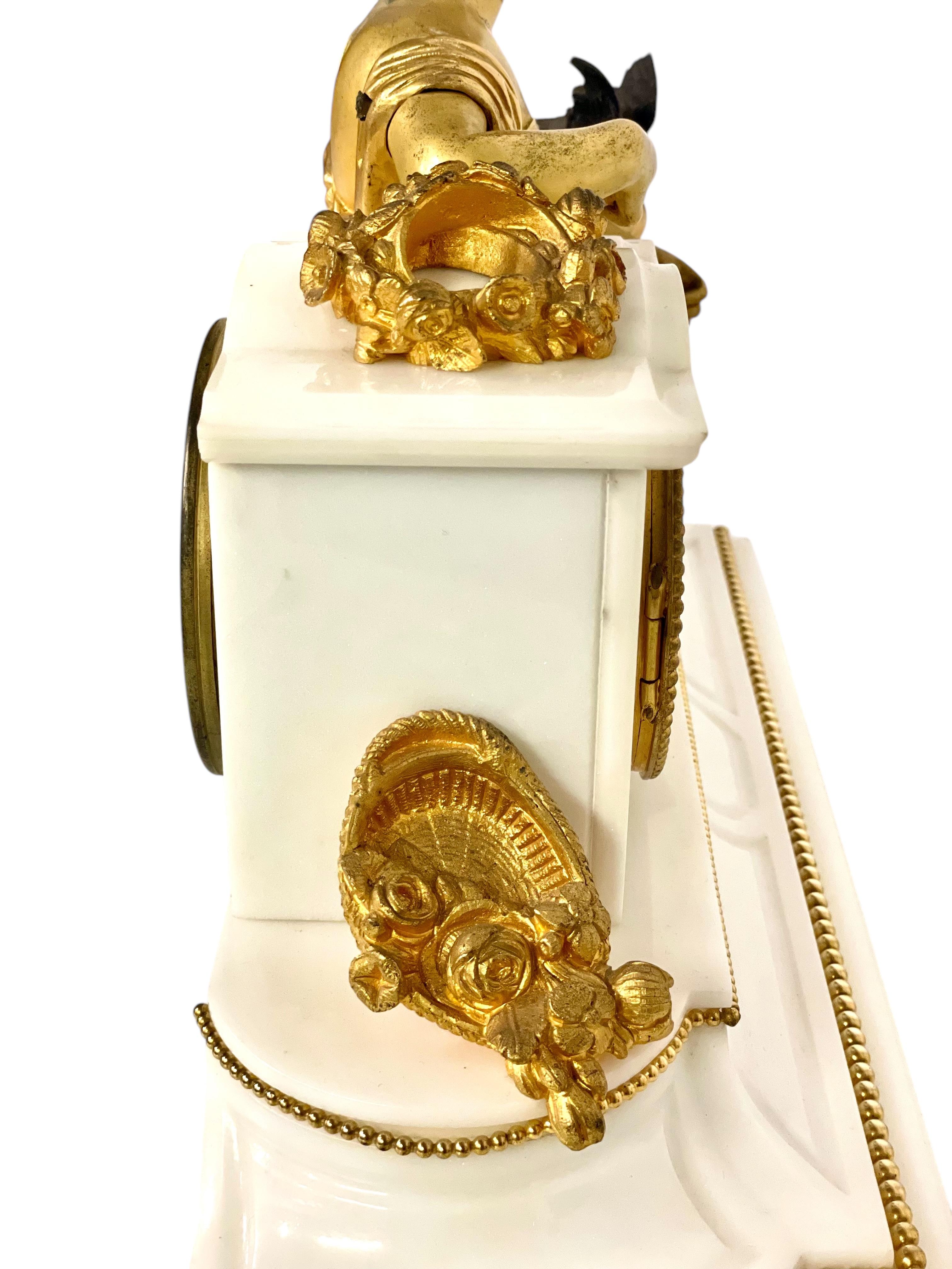 19th Century Gilt Bronze Sculpture and Marble Mantel Clock For Sale 3