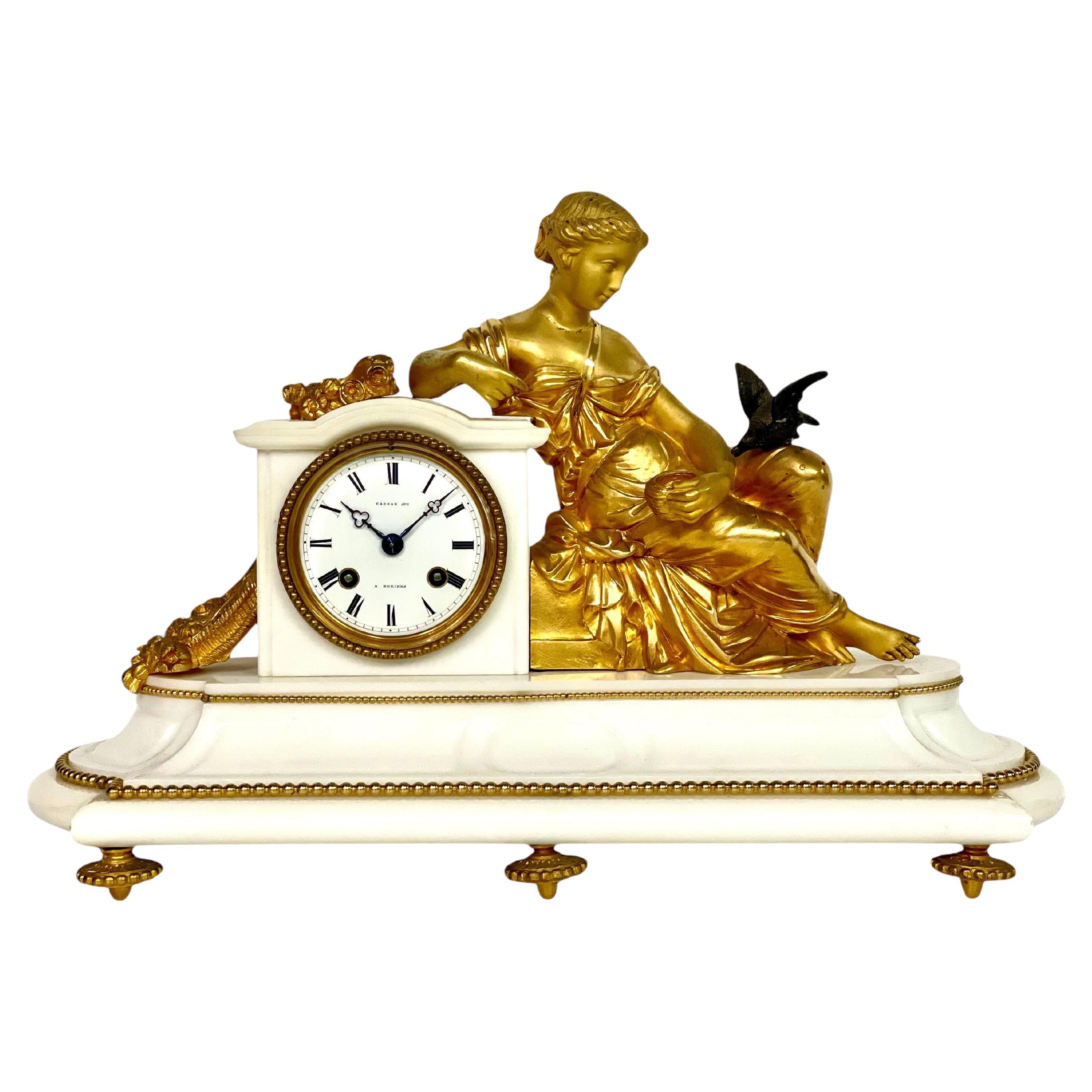 19th Century Gilt Bronze Sculpture and Marble Mantel Clock