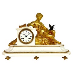 Antique 19th Century Gilt Bronze Sculpture and Marble Mantel Clock