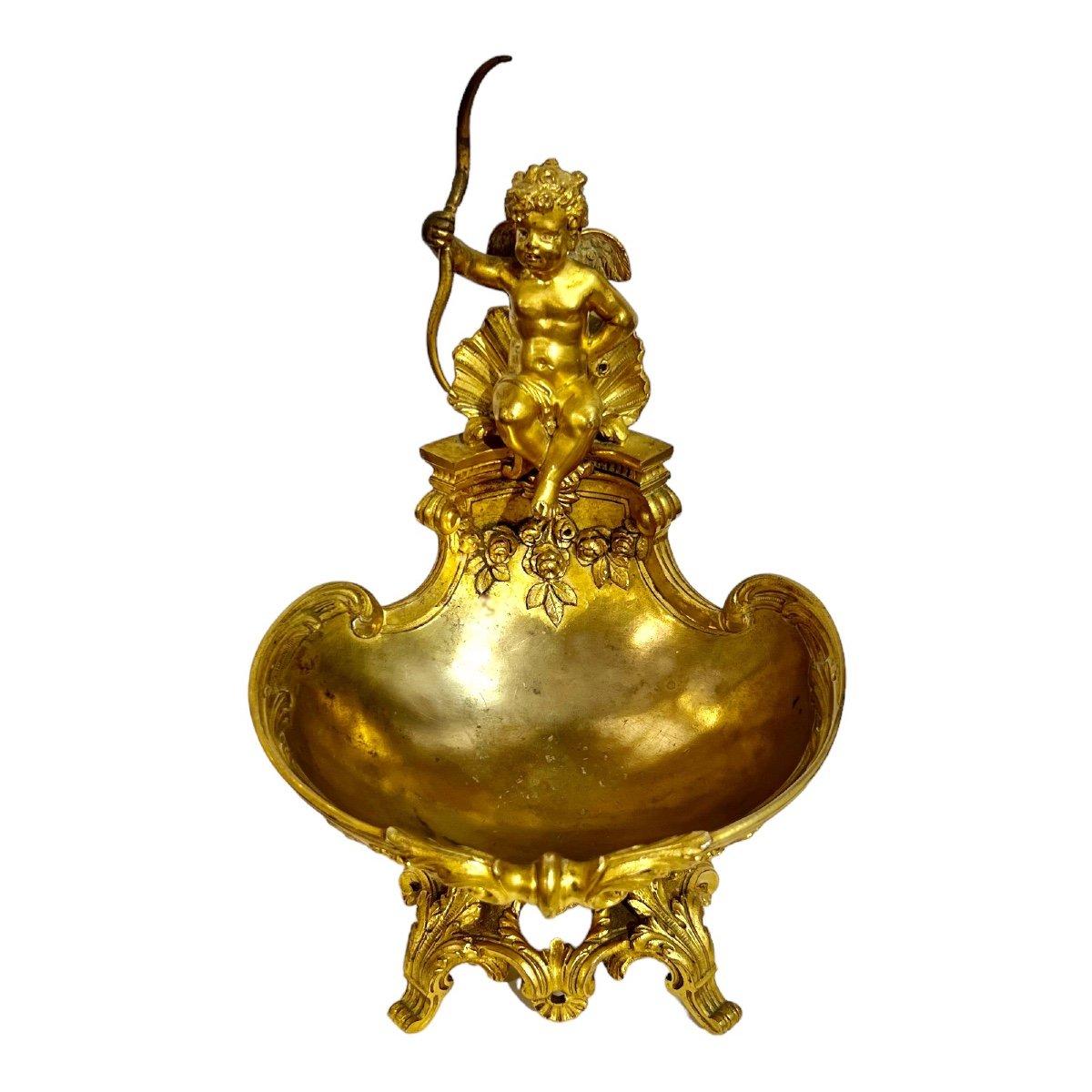 French 19th century gilt bronze stoup with cupid signed Provost