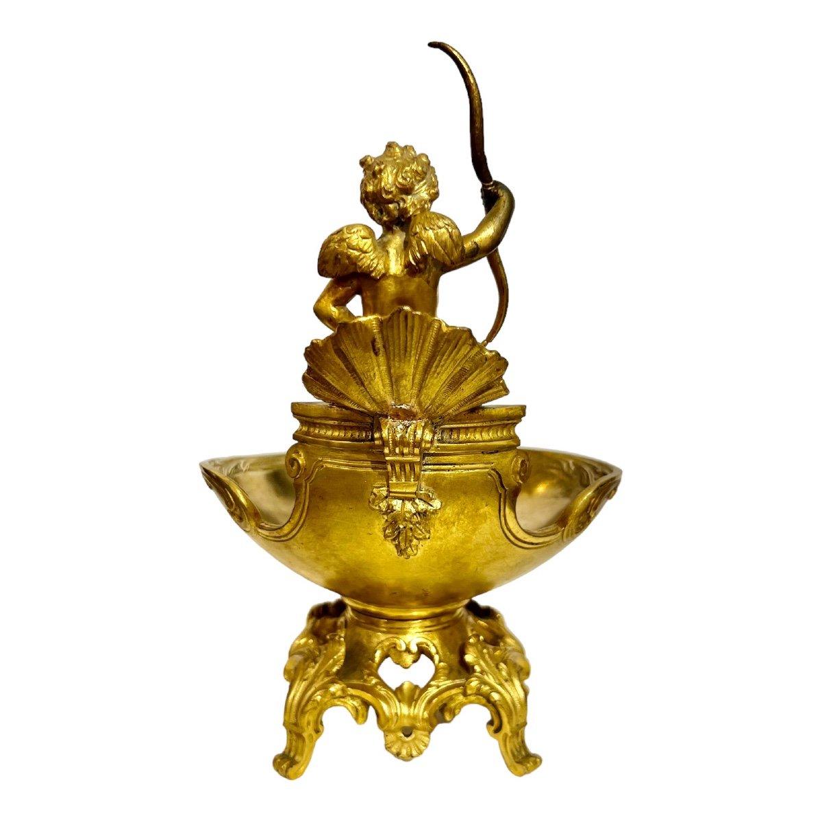 19th century gilt bronze stoup with cupid signed Provost In Good Condition In NICE, FR