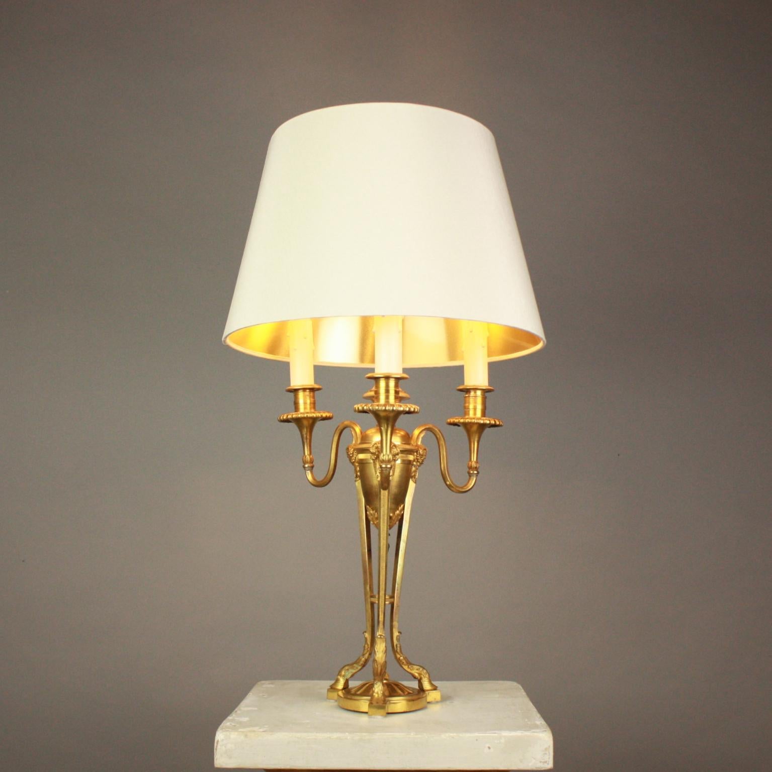 French Louis XVI Egyptian Revival Gilt Bronze 3-Light Table Lamp, ca. 1900 4