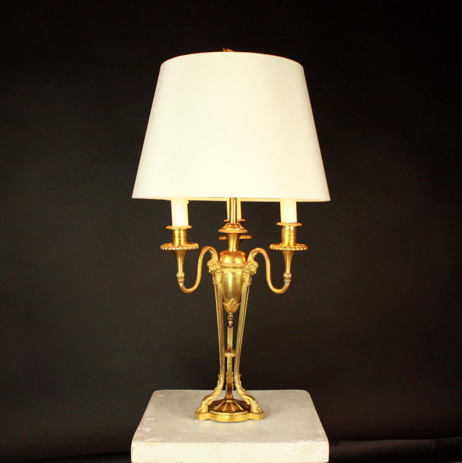 French Louis XVI Egyptian Revival Gilt Bronze 3-Light Table Lamp, ca. 1900 5