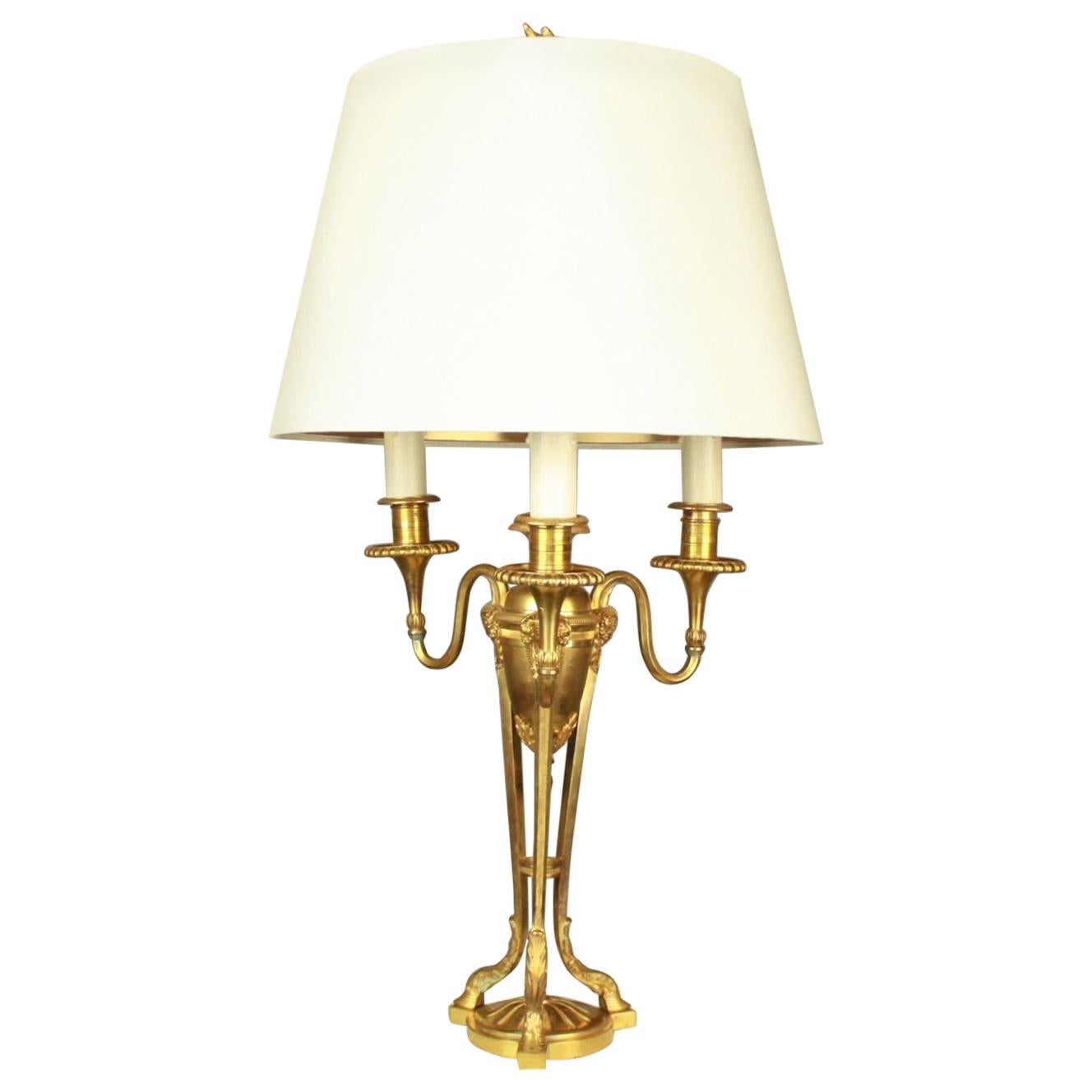 French Louis XVI Egyptian Revival Gilt Bronze 3-Light Table Lamp, ca. 1900