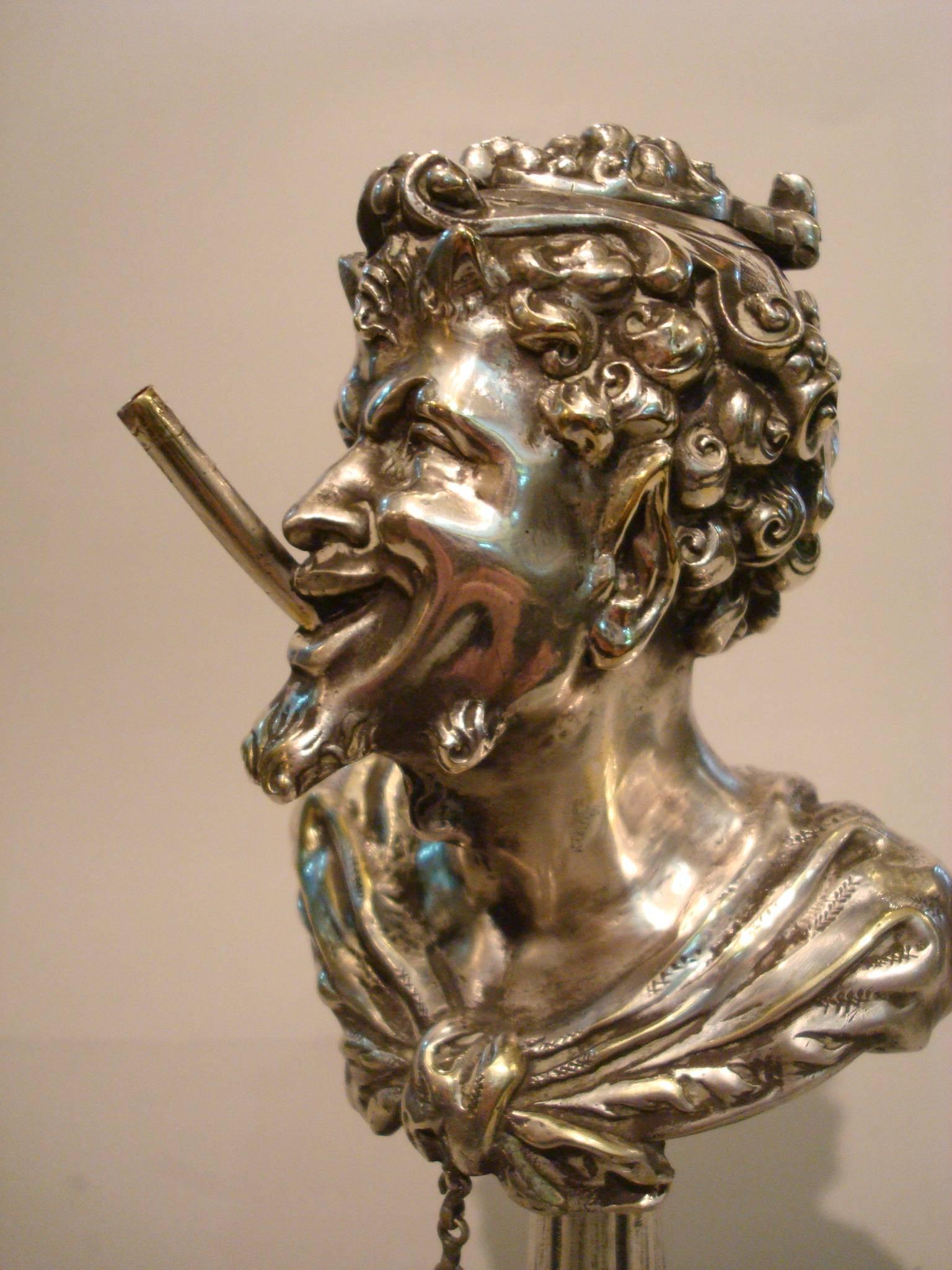 Silvered 19th Century Gilt Bronze Tabletop Cigar Lighter in the Form of a Satyr or Devil