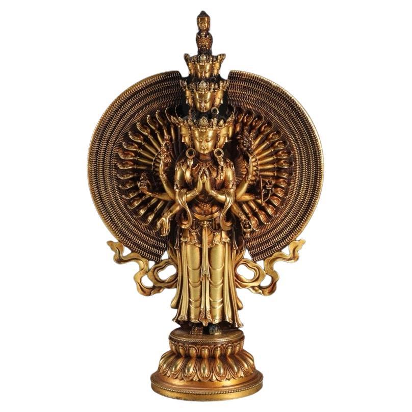 Estatua de pie de Avalokiteshvara de mil brazos, bronce dorado, siglo XIX