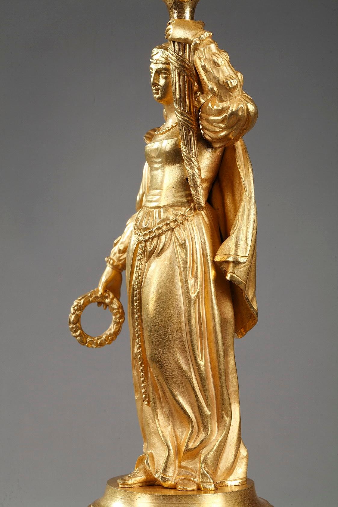 19th Century Gilt Bronze Troubadour Candelabra Lamp with Courteous Scene 13