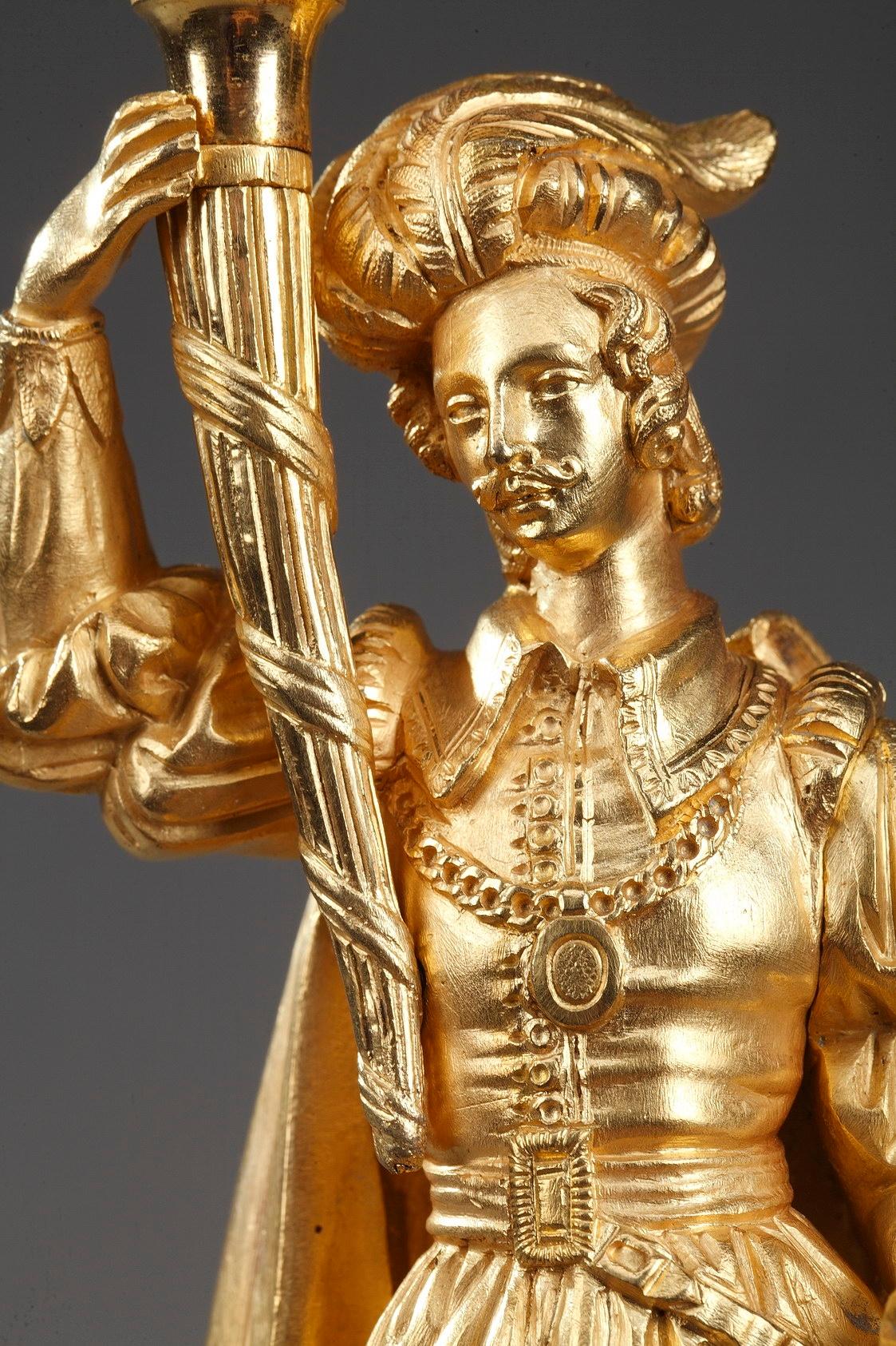 troubadour-Kronleuchter aus vergoldeter Bronze des 19. Jahrhunderts mit höflicher Szene 1