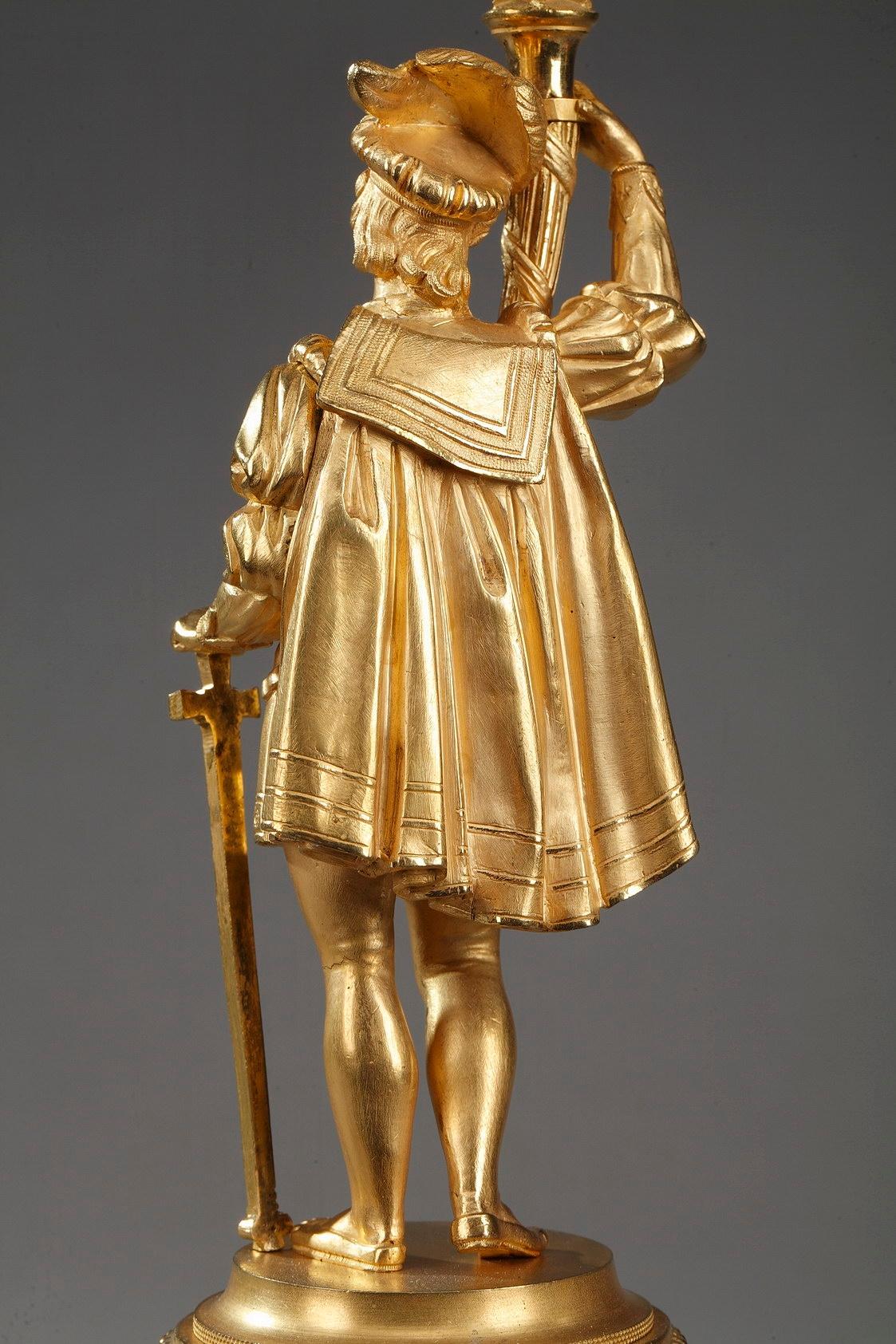troubadour-Kronleuchter aus vergoldeter Bronze des 19. Jahrhunderts mit höflicher Szene 3