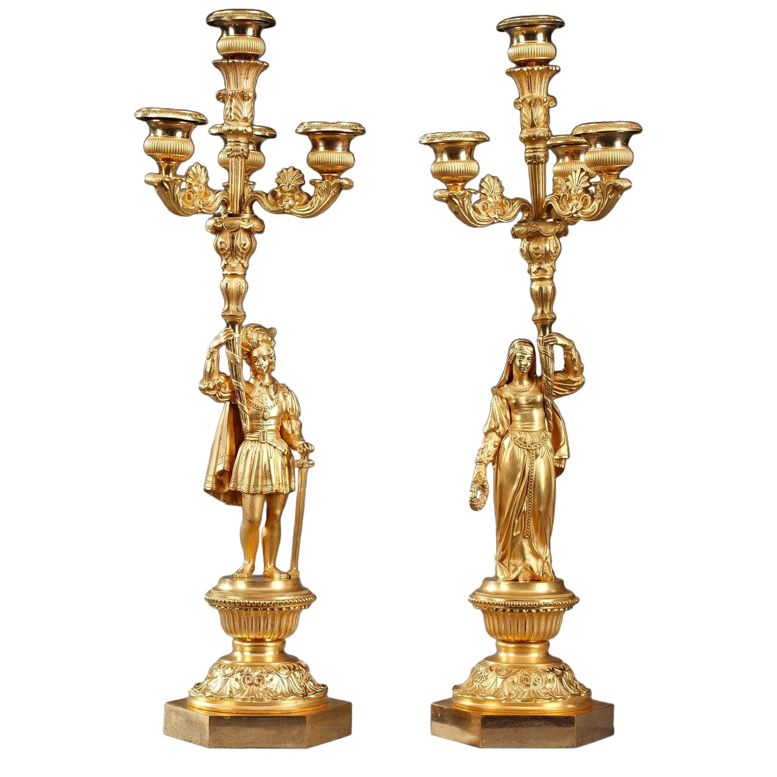 19th Century Gilt Bronze Troubadour Candelabra Lamp with Courteous Scene