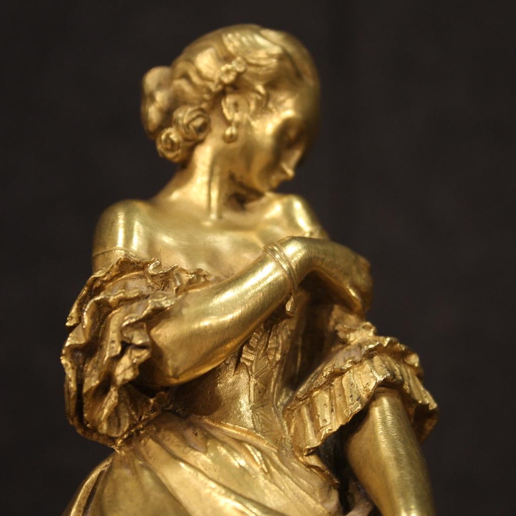 19th Century Gilt Bronze with Marble Base Lady French Sculpture, 1880 In Good Condition In Vicoforte, Piedmont