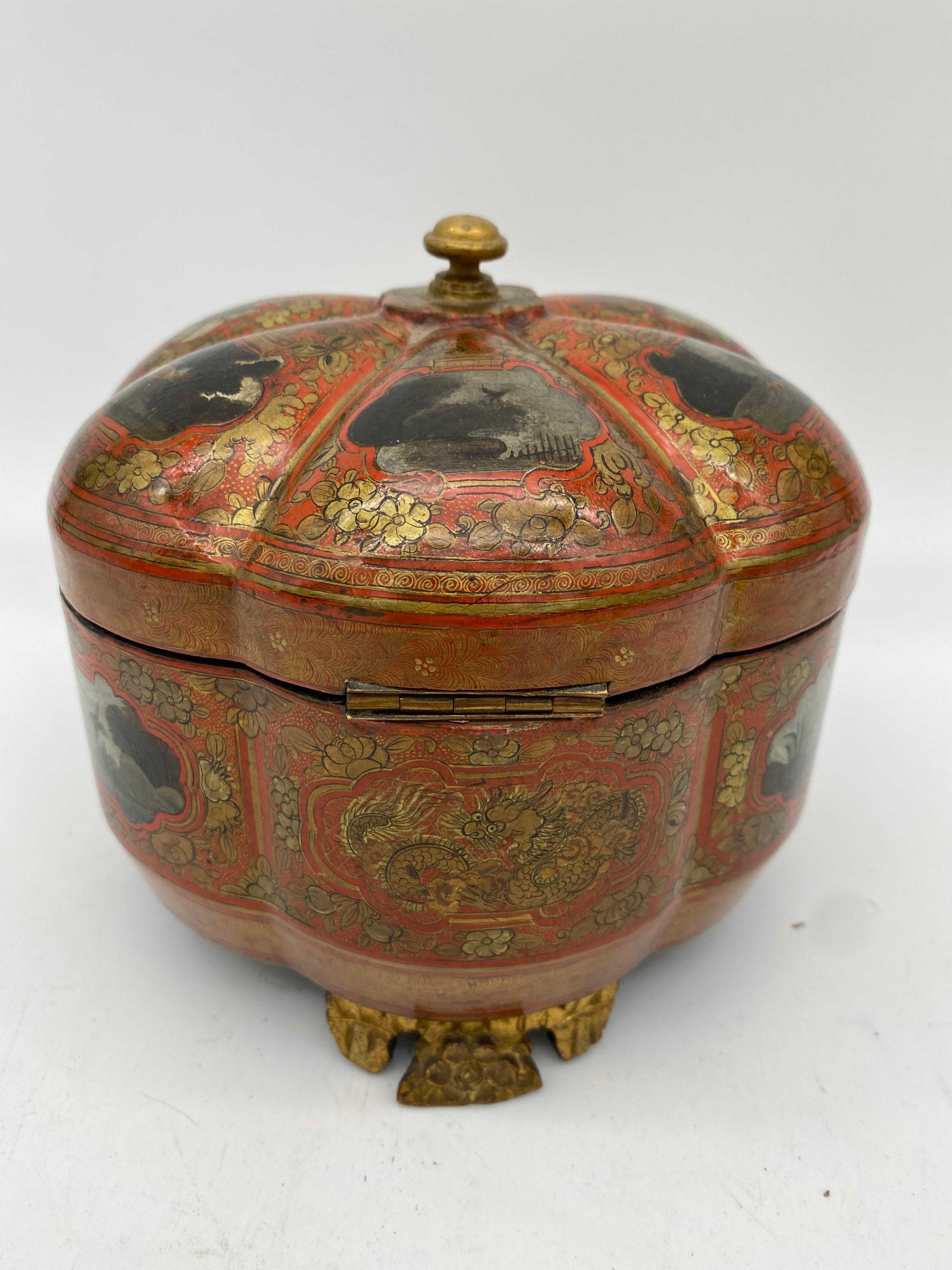 19th Century Gilt Chinese Red Lacquer Tea Caddy 3