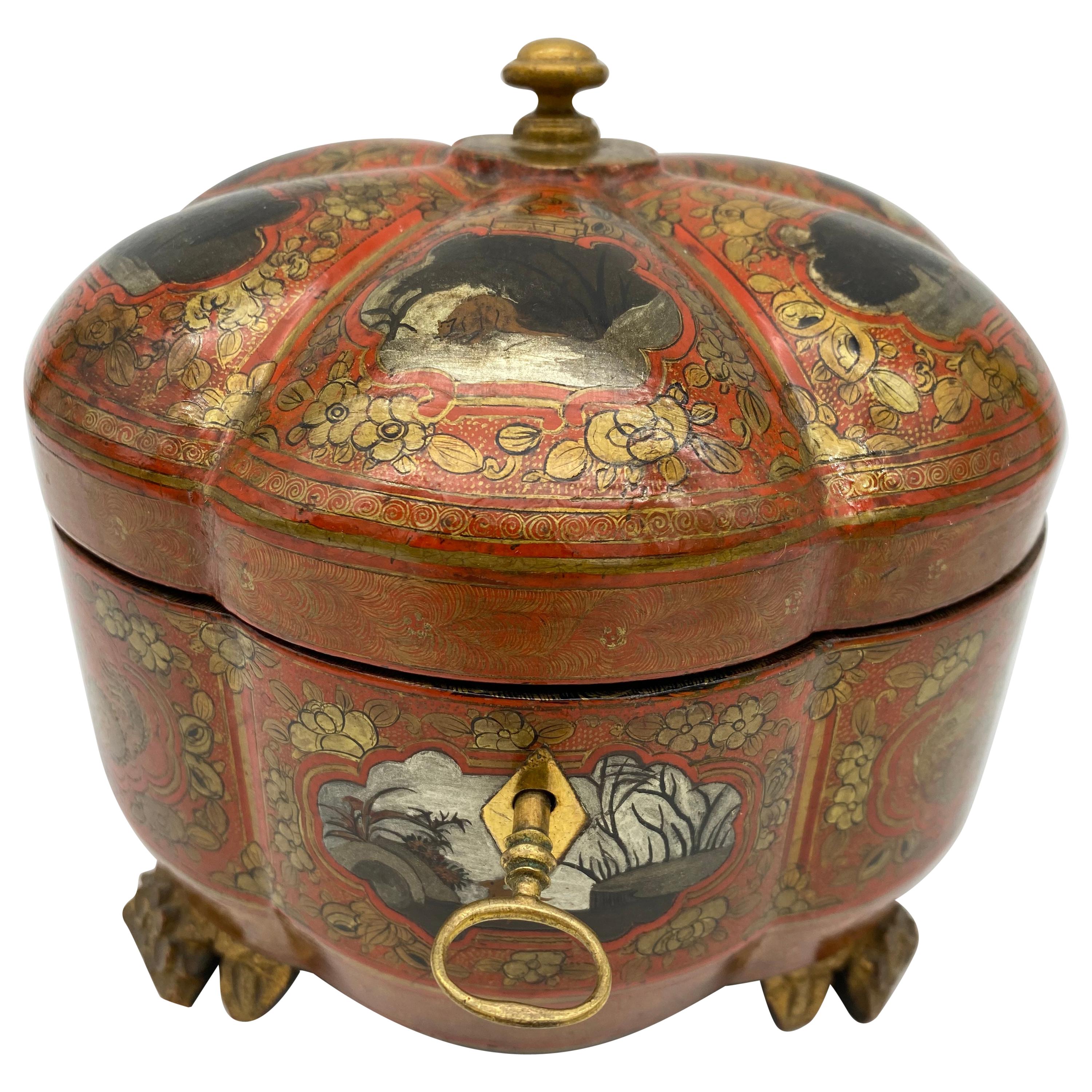 19th Century Gilt Chinese Red Lacquer Tea Caddy