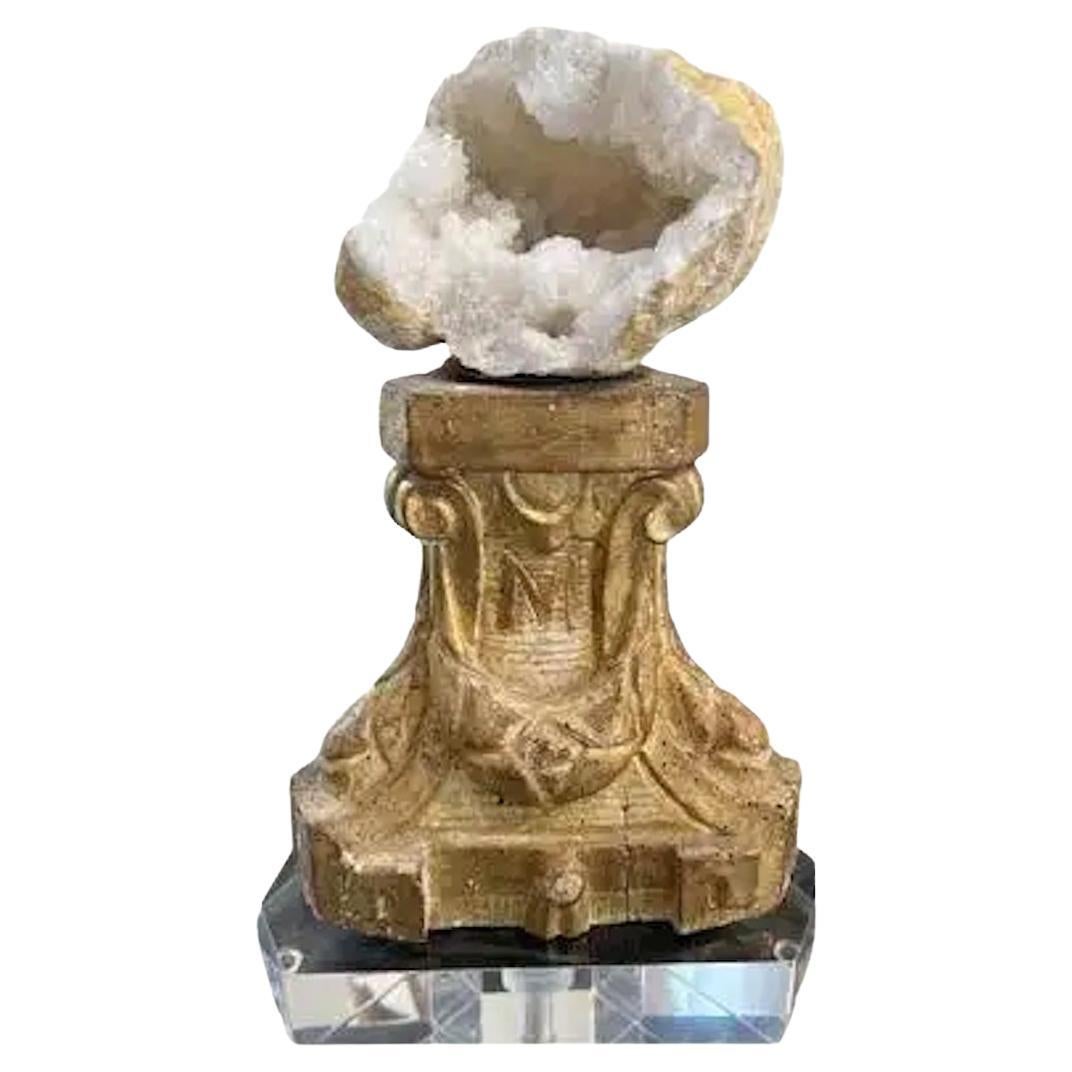 19th Century Gilt Fragment with Large Geode on Lucite Base