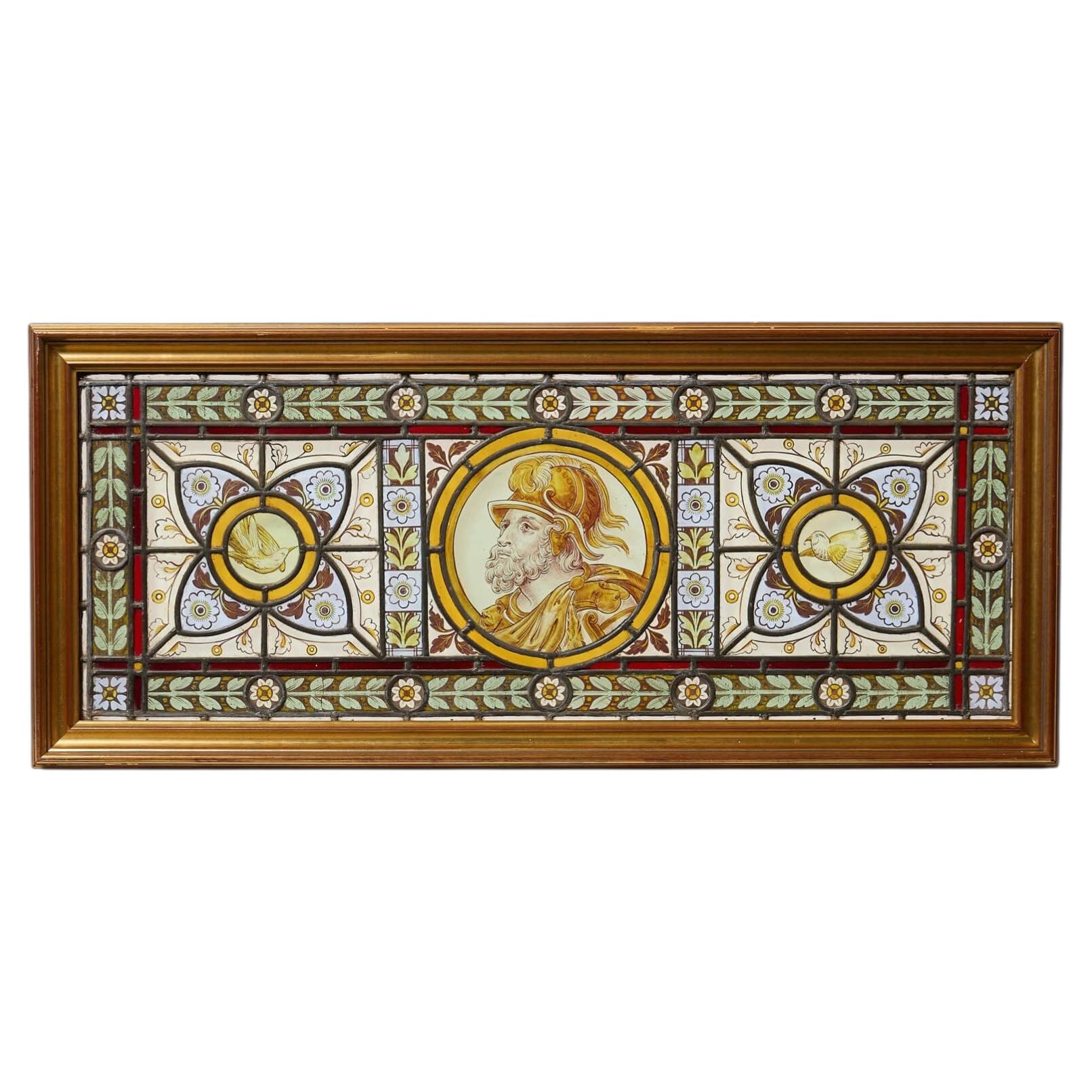 19th Century Gilt Framed Stained Glass Window Depicting A Knight Or King For Sale