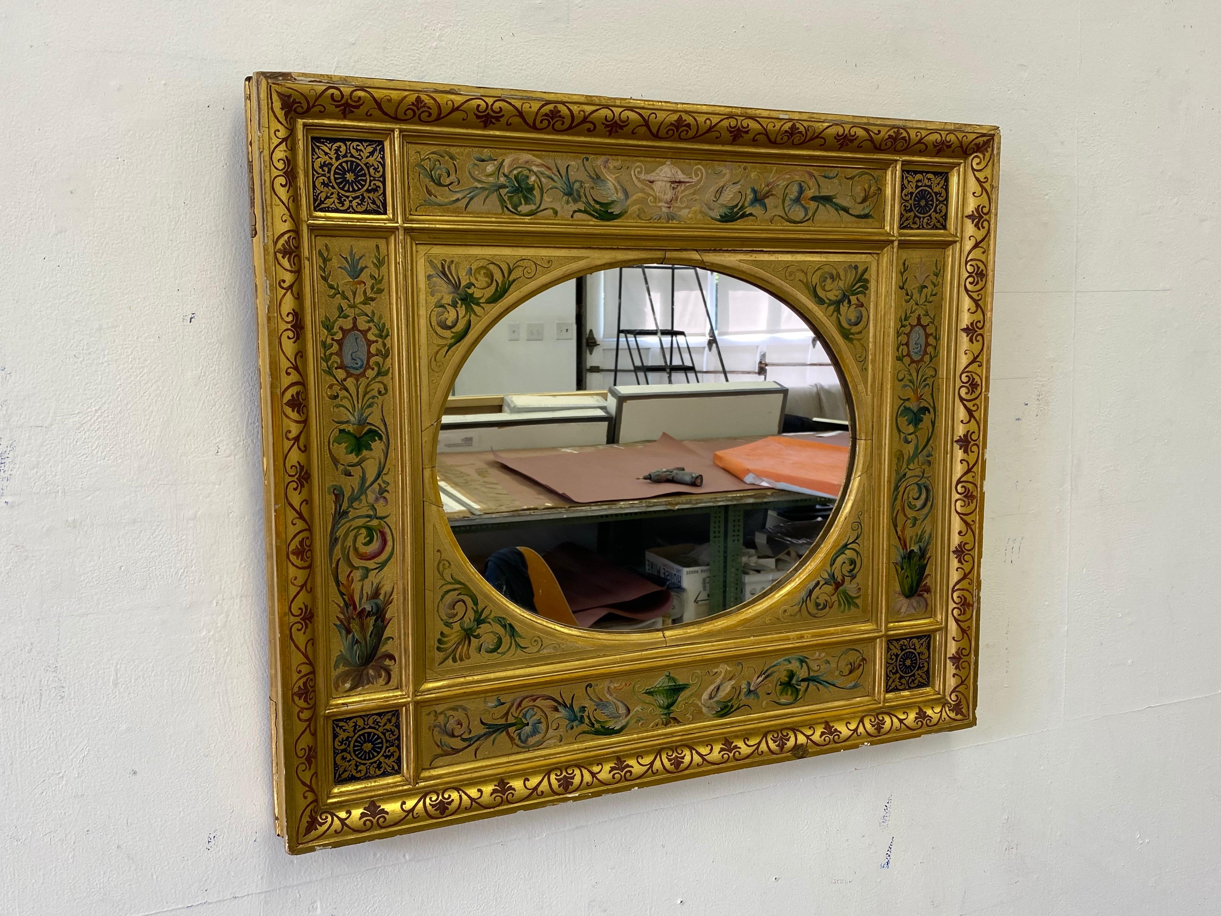19th Century Gilt Italian Mirror with Hand Painted Design For Sale 4