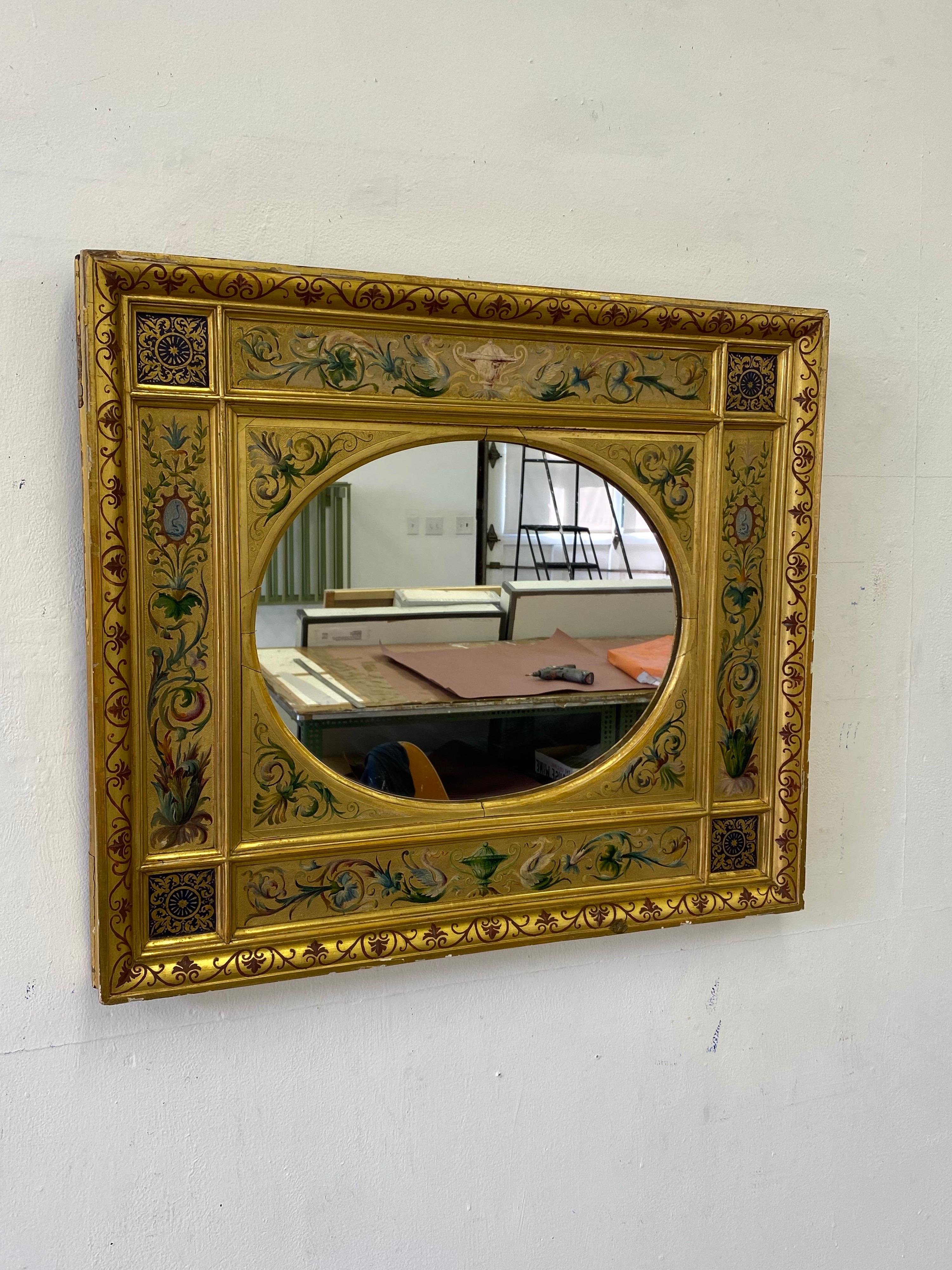 19th Century Gilt Italian Mirror with Hand Painted Design For Sale 5