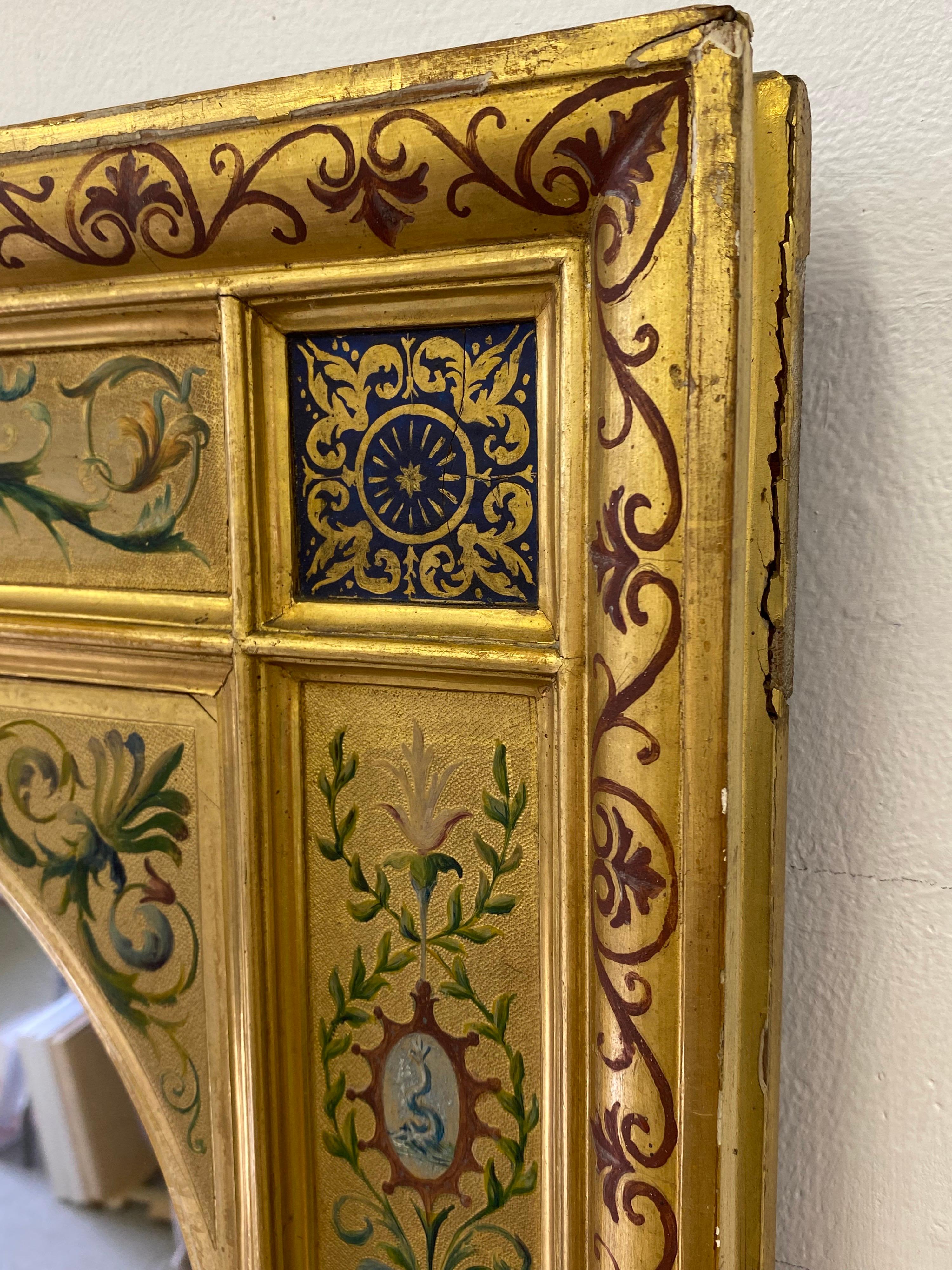 Renaissance Revival 19th Century Gilt Italian Mirror with Hand Painted Design For Sale