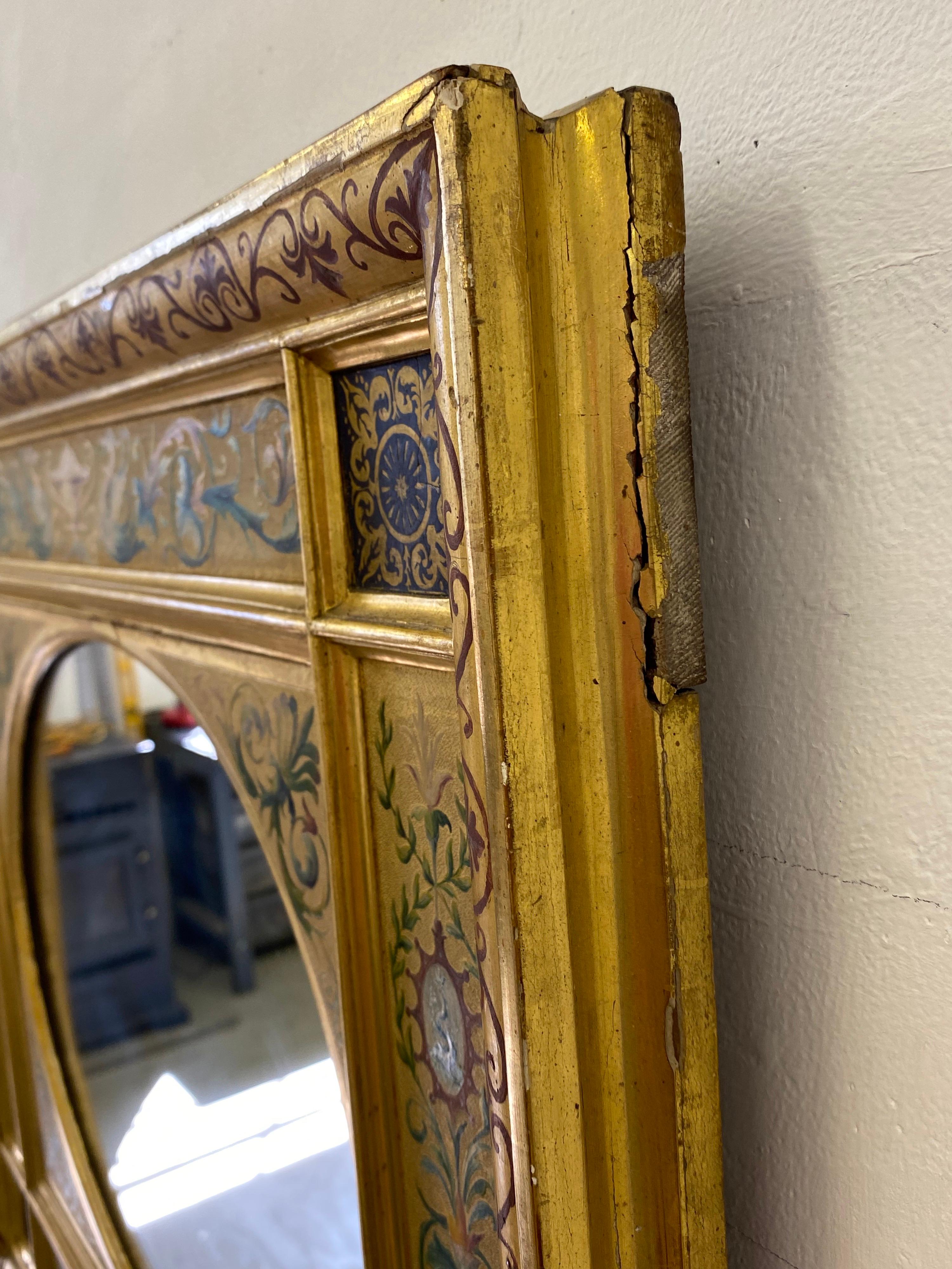19th Century Gilt Italian Mirror with Hand Painted Design In Good Condition In Philadelphia, PA