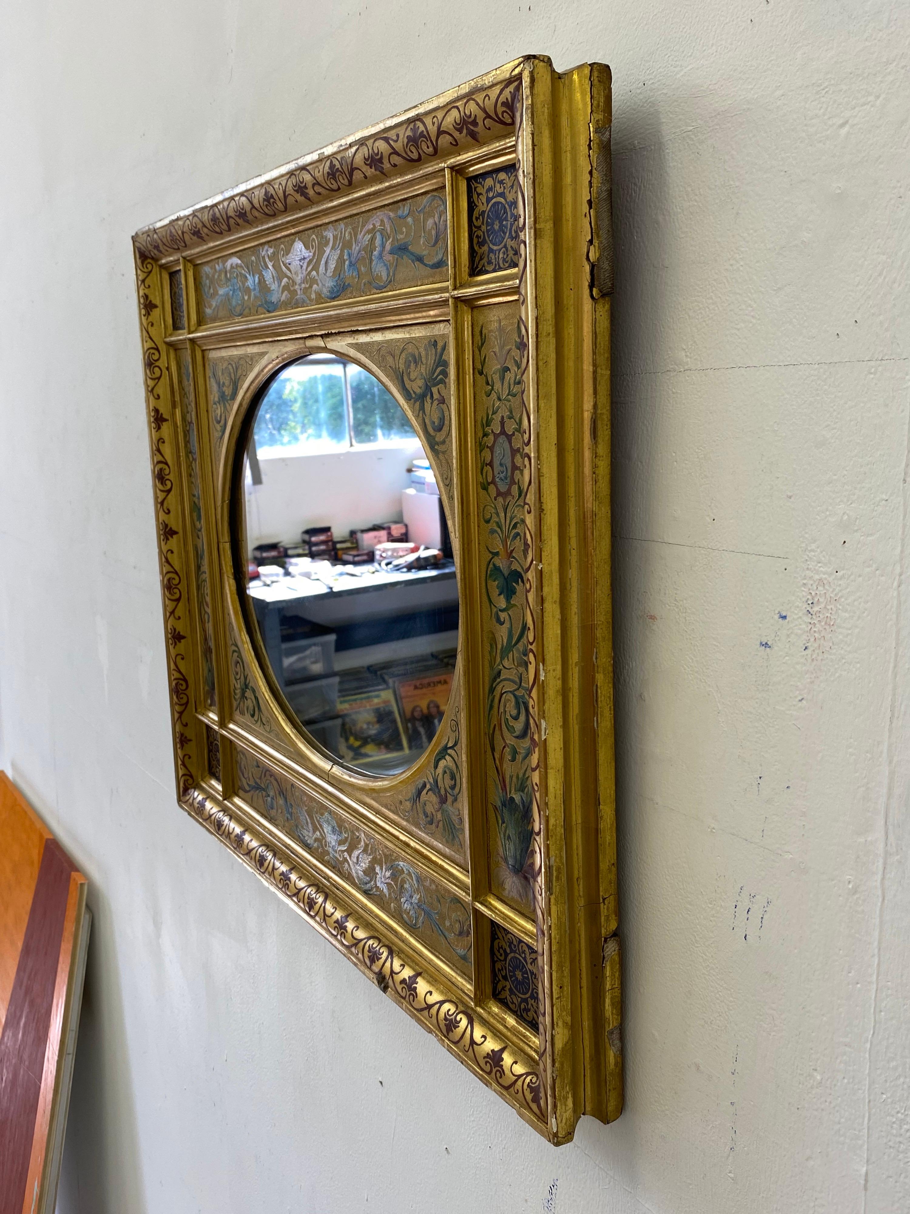 Mid-19th Century 19th Century Gilt Italian Mirror with Hand Painted Design For Sale