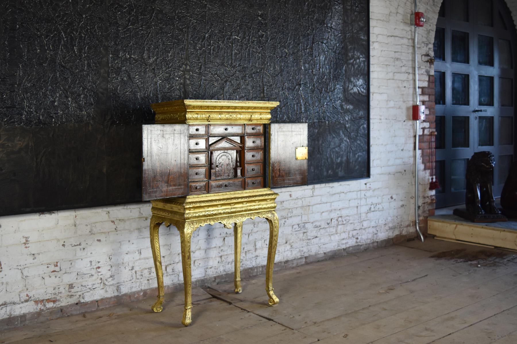 Baroque 19th Century Gilt Jewelry Cabinet with fitted 17th Century Italian Interior For Sale