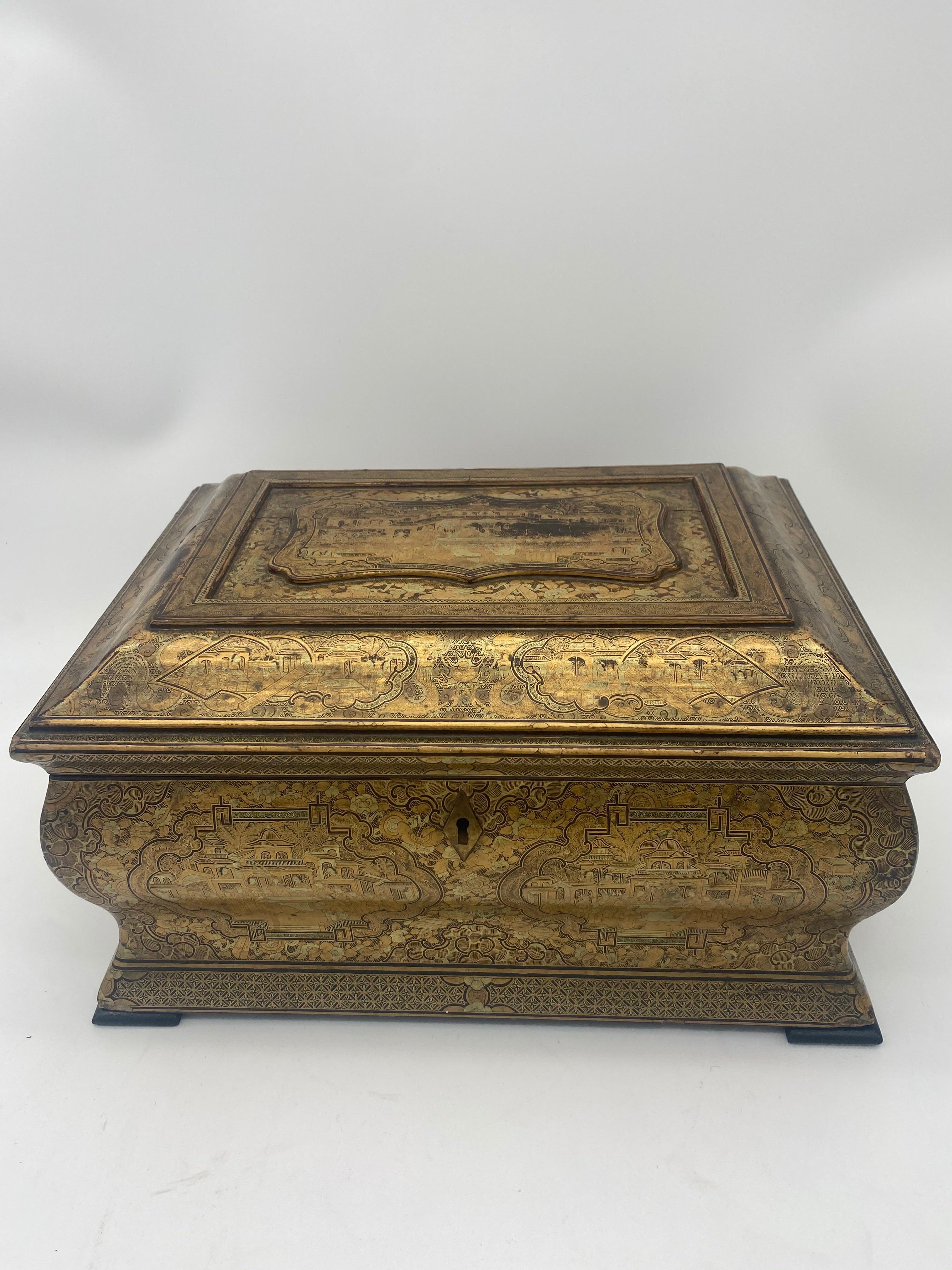 Hand-Carved 19th Century Gilt Lacquer Chinese Tea Caddy
