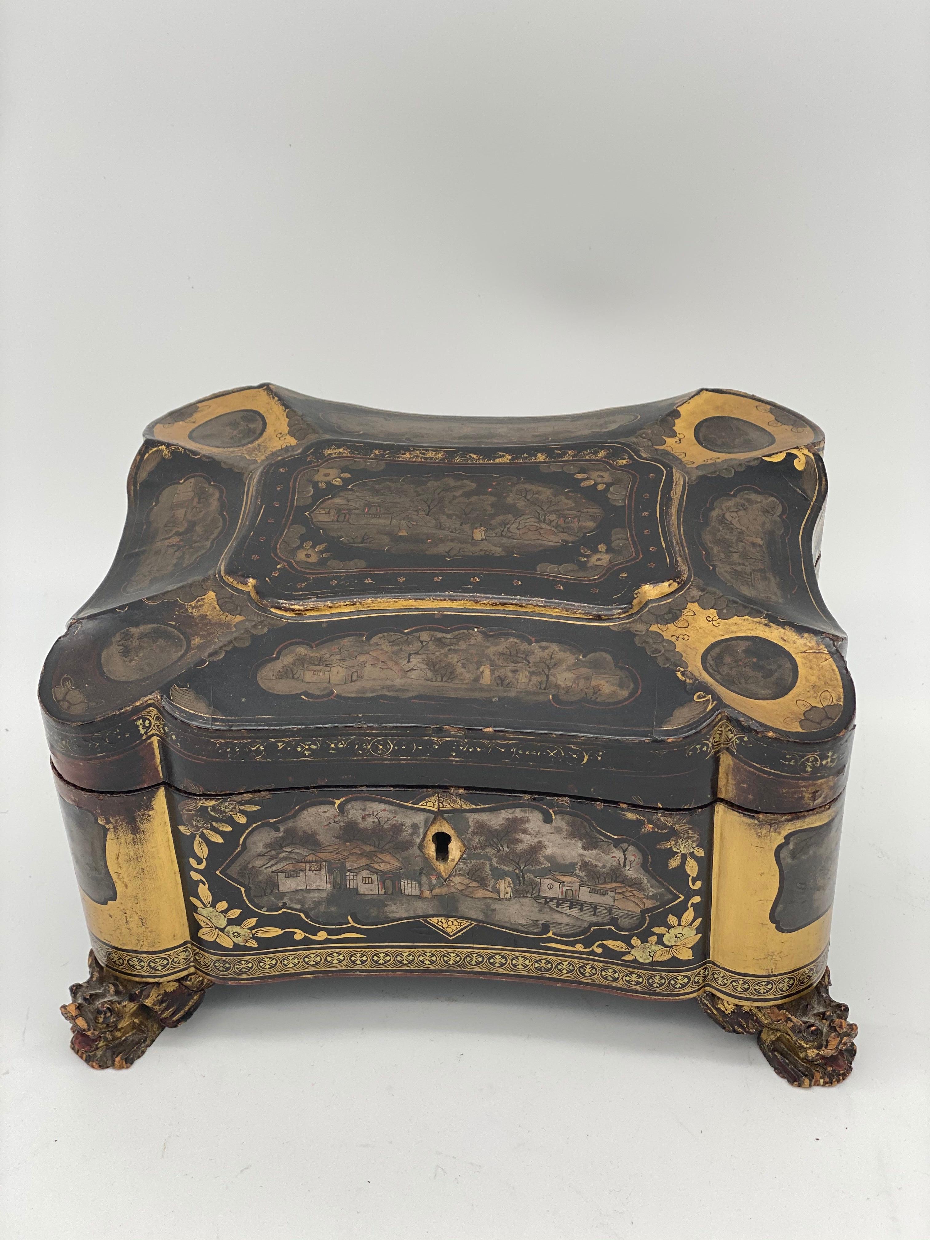 Hand-Carved 19th Century Gilt Lacquer Chinese Tea Caddy For Sale