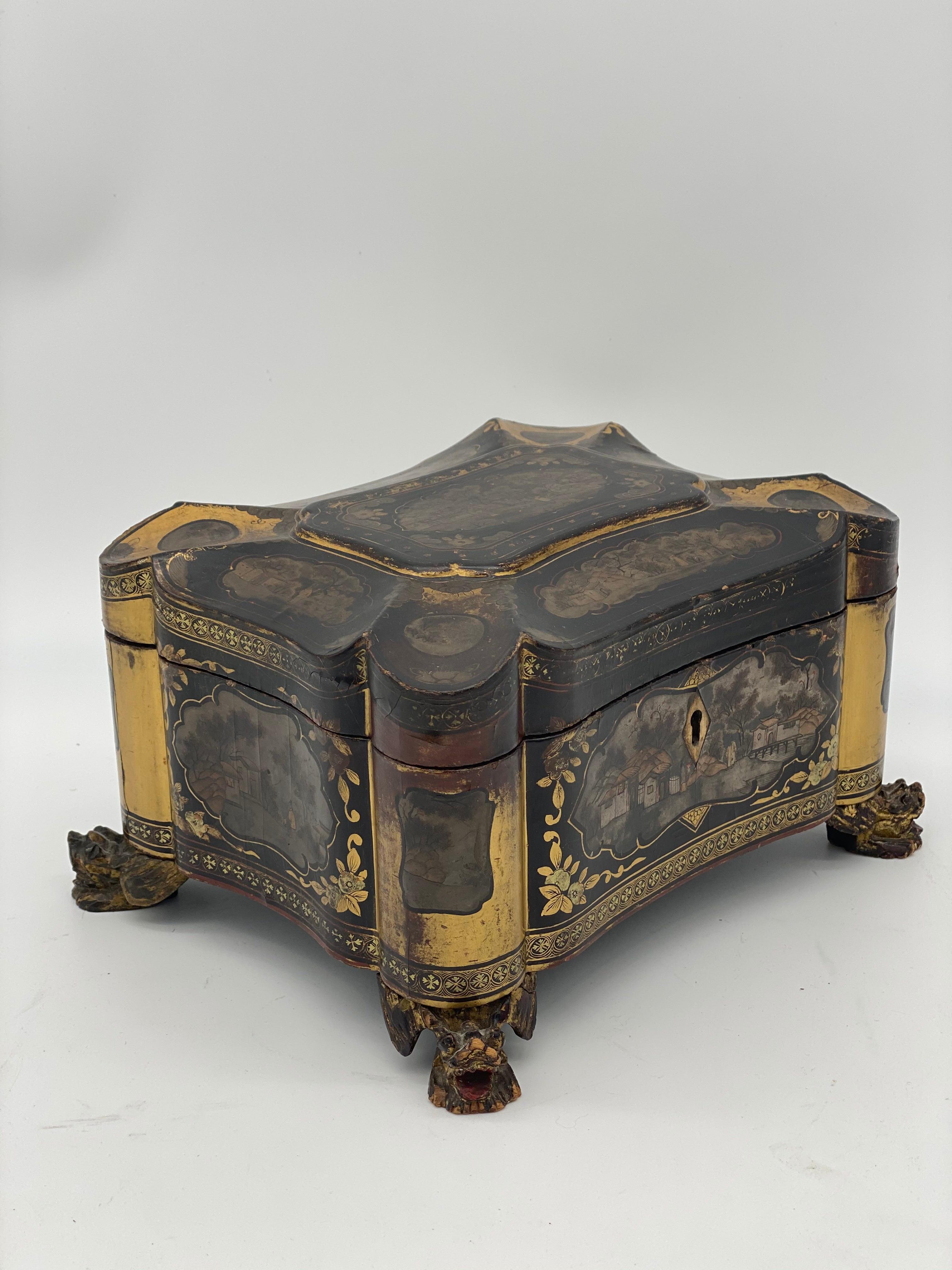 19th Century Gilt Lacquer Chinese Tea Caddy In Good Condition For Sale In Brea, CA