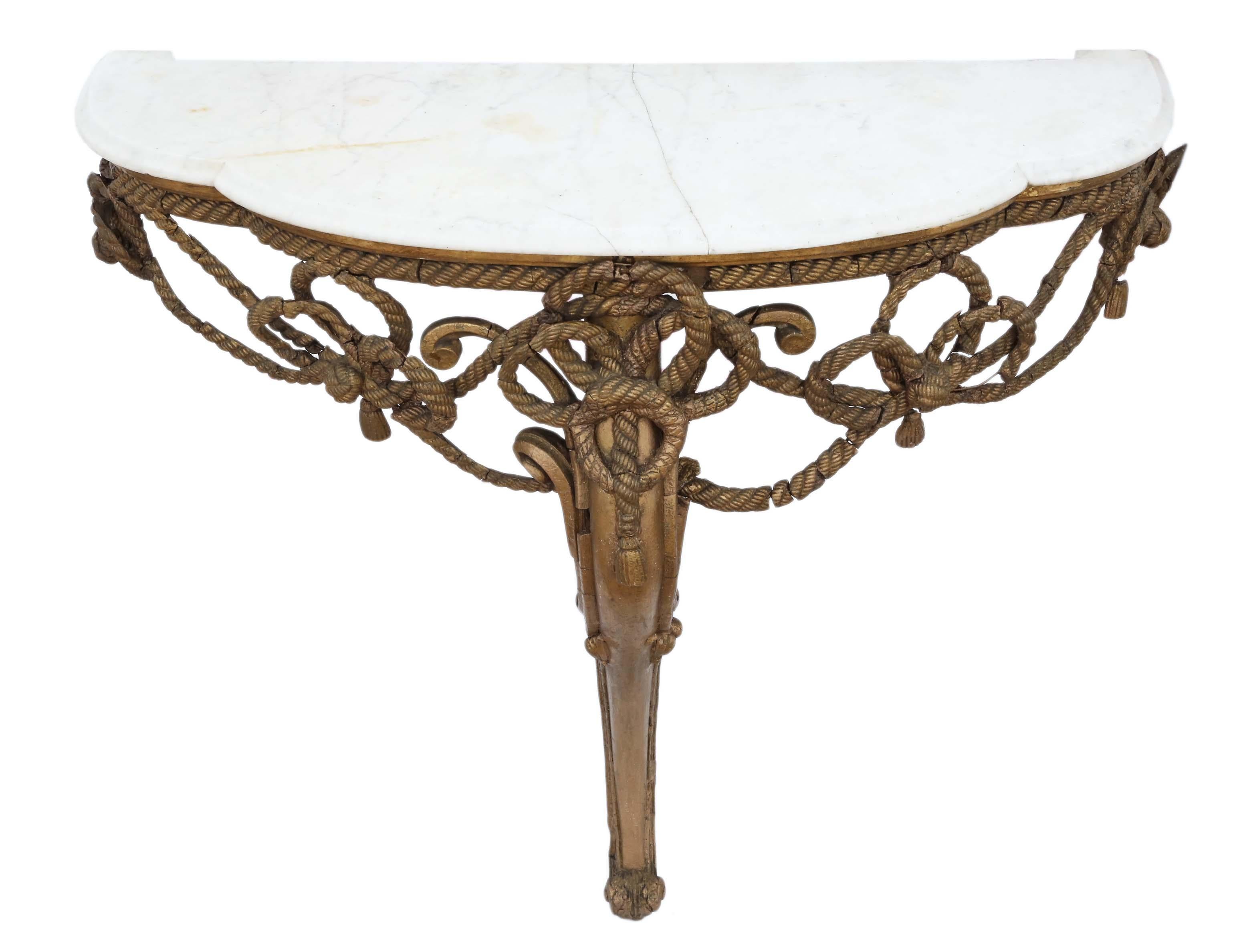 Antique 19th century gilt marble demilune console table.
This is a lovely posh shabby-chic table.
No loose joints and no woodworm.
Lovely proportions and could look amazing in the right location!
Overall maximum dimensions: 107cm W x 46cm D x