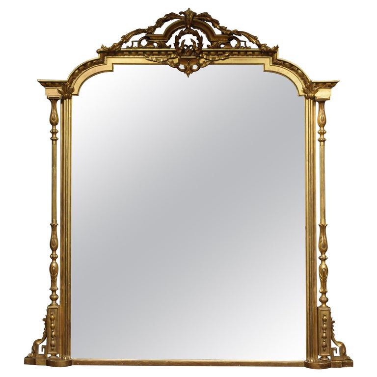 19th Century Gilt Over Mantle Mirror, Antique Brass Over Mantle Mirror